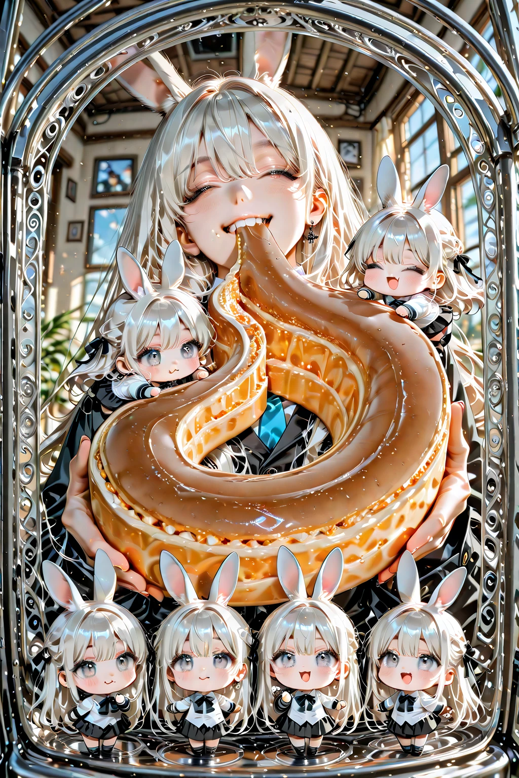 high definition、Super Detail、( 1girl :1.5),( chibi:2.0)、intricate details, depth field,, a boy who is 135 cm tall 、eating donutsうさぎの耳を持つ白毛の女の子, anime picture by Yuya , ピクシブ, Furry Art, cute rabbit girl, Gwaiz, artwork in the style of Gwaiz, eating donuts, gray haired anime girl、long hair per person, Bunny ears anime girl, change, , from the window glass as a whole、Seen from a distance、 smiling softly 、uncorrected、top quality、Accurate human body design diagram、perfect anatomy、 hand-drawn illustration、 crayon art 、Abstract Patterns、 cute anime