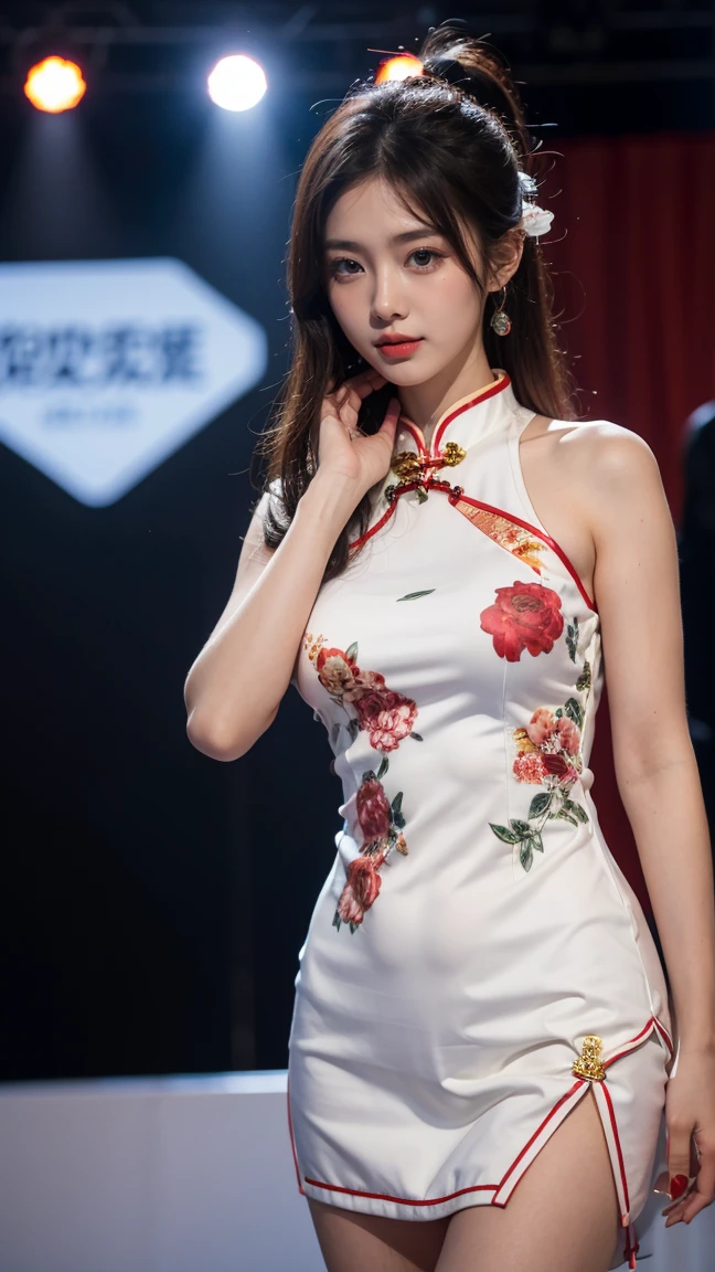 high qulity，tmasterpiece，High- sharpness，A woman who is，Delicate face，Off-the-shoulder cheongsam，stocklings，beautifullegs，medium boob，Stage background，The background is blurred out，Central symmetry