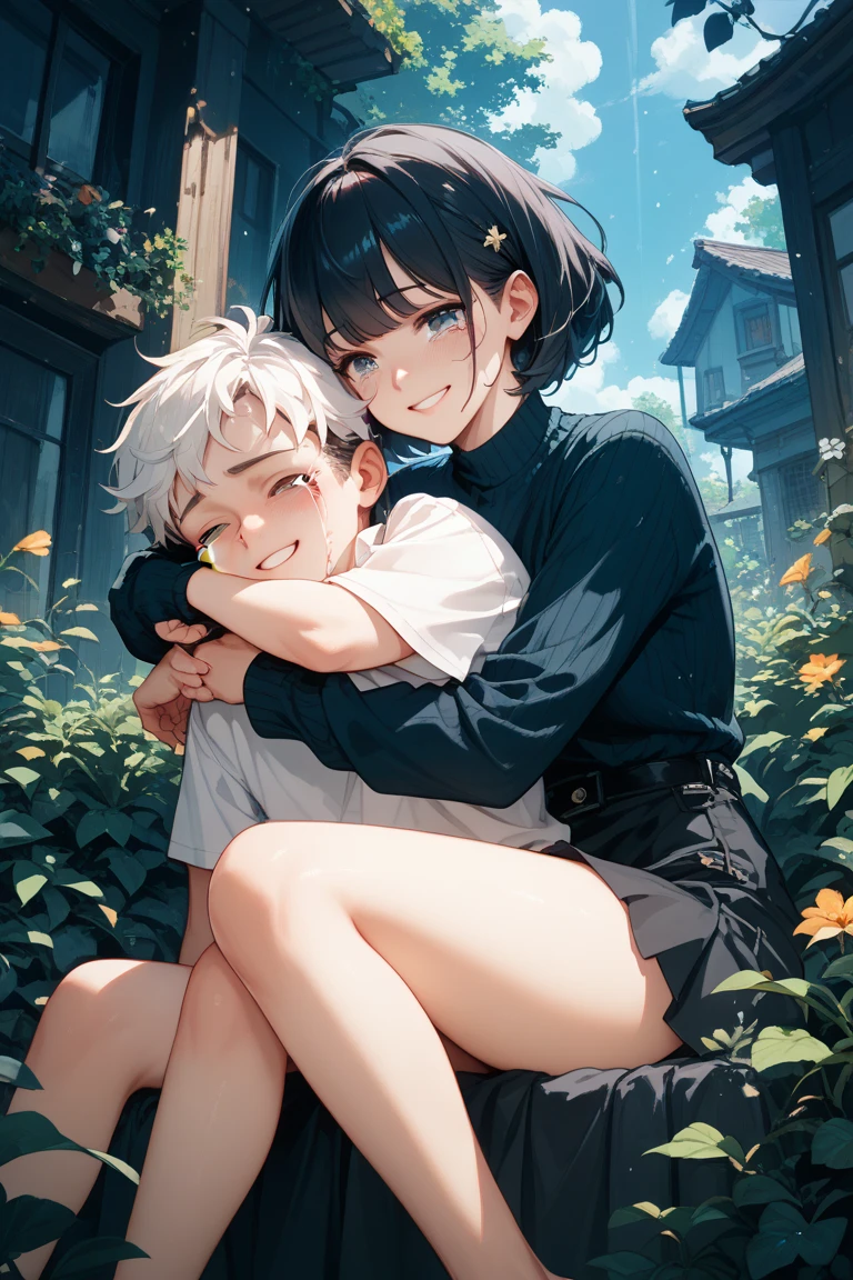 2girls, normal skin, dark skin, hugging, closed eyes, (tears:0.7), outdoors