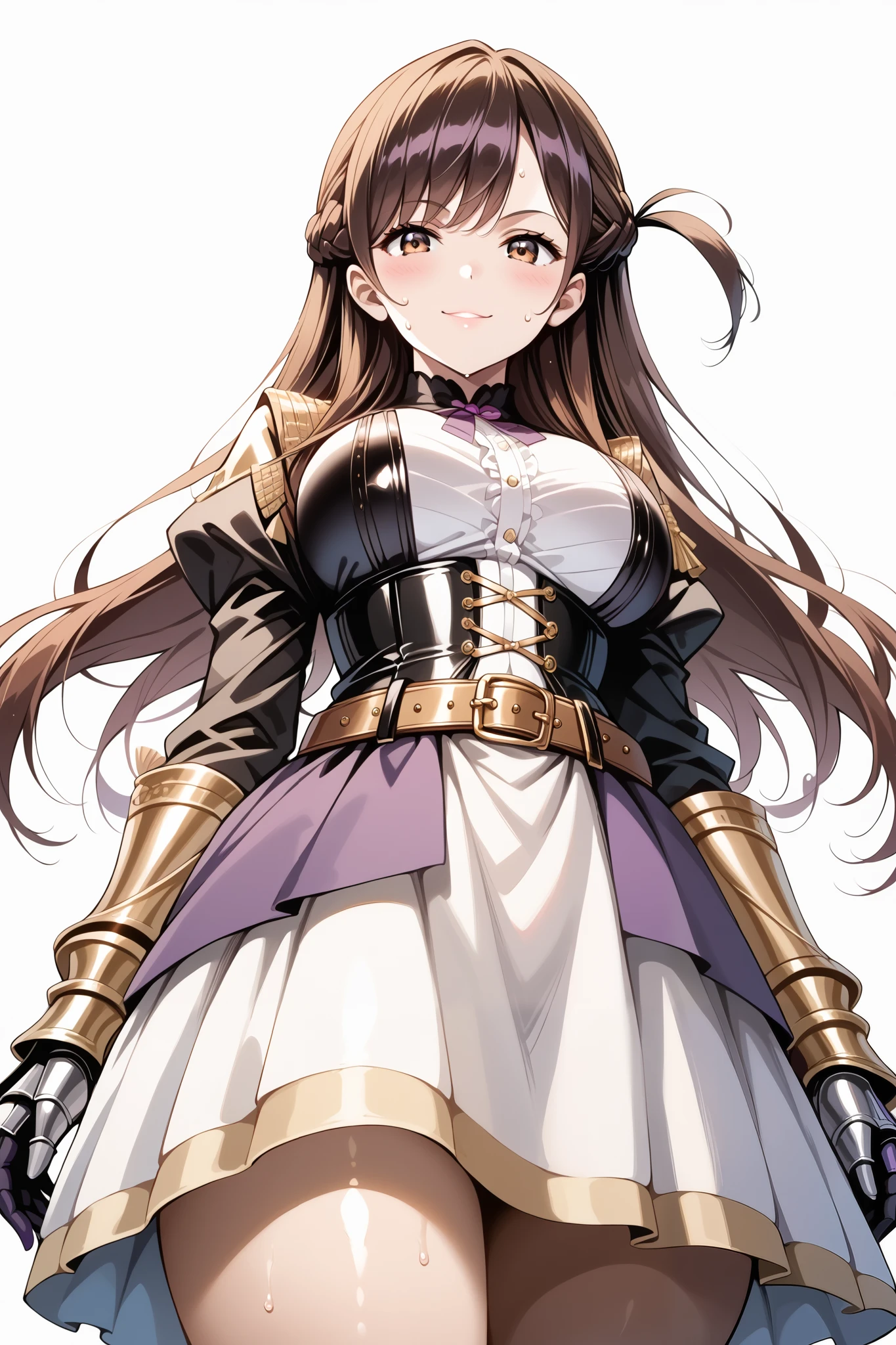 score_9, score_8_up, score_7_up, source_anime, 4K,perfect fingers,(perfect hands, perfect anatomy),prefect lighting, very aesthetic, intricate details,highly detailed background, masterpiece, high quality, best quality,
1girl,solo,chizuruichinose, chizuru ichinose, long hair, bangs, brown hair, brown eyes, one side up, ,large breast,
wearing ((dark purple, black, and gold costume. black Corset, outfit includes several layers of fabric in various shades of purple and black, gold belt, skirt section is layered and patterned, giving a sense of depth and volume, gauntlets, )),
((white plain background)),looking at viewers, sweating, Standing,evil smirk, cowboy shot, filed, Arms Behind Back, high thigh individual , ((bottom view:1.5)),