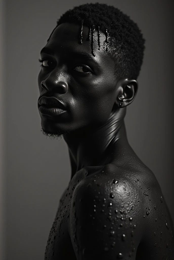 create a conceptual photograph of a very black man painted with black paint with a shaved head and dancing in the rain and wearing only a black tulle skirt, dark background, with direct light on the man