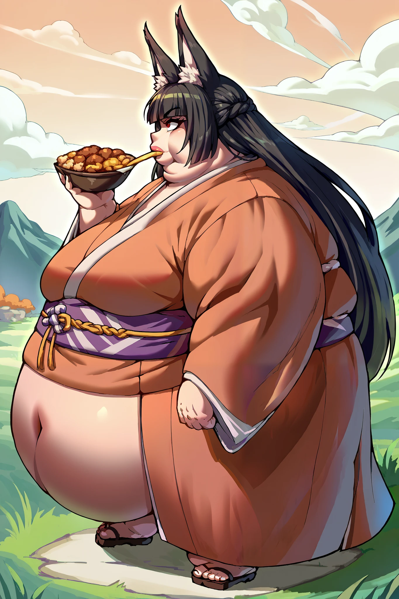 Girl becoming a monster, becoming a troll, fat, chubby, obese, kimono, score_9, score_8_up, score_7_up, source_anime BREAK 1girl, solo, hoshimi, red eyes, black hair, very long hair, blunt bangs, braid, fox ears, big ears, big nose, big lips, 900 pounds, 10 ft tall, hunchback, broad shoulders, big belly, grass field, eating melons, side view