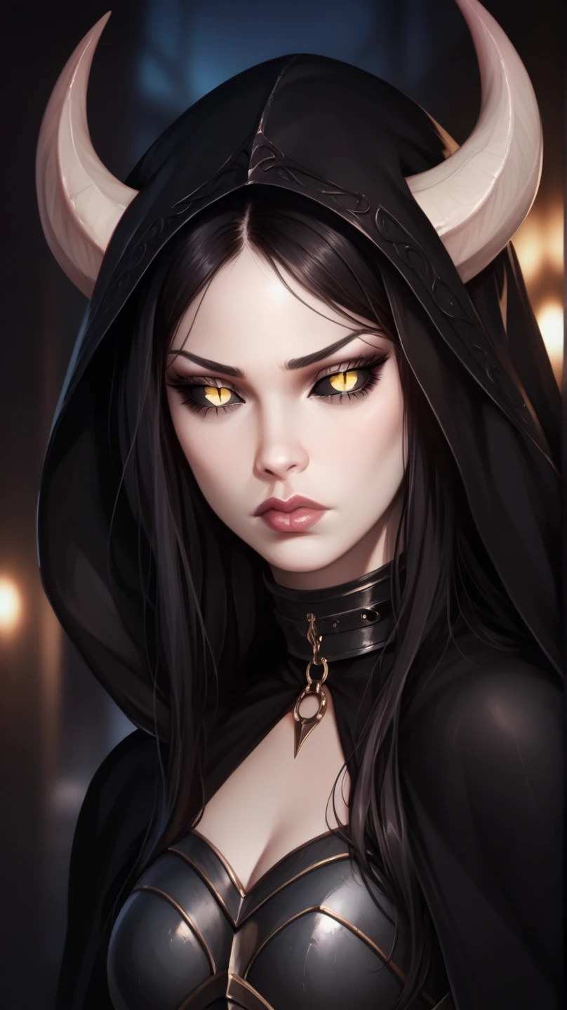 score_9, score_8_up, score_7_up, score_6_up, score_5_up, ((( beautiful, high quality))), portrait, score_9, score_8_up, score_7_up, sadness, darkness, black sclera, slit pupils, tiefling, black curved horns, Yellow eyes, pale skin, black long hair, armor, dark background , blurred background, Gothic, posing, at night, realistic natural light, большой , beautiful detailed lips, long lashes , good anatomy, seductive look, black clothes, mantle, collar, naked belly ,navel , dark fantasy, 8 k, photorealistic