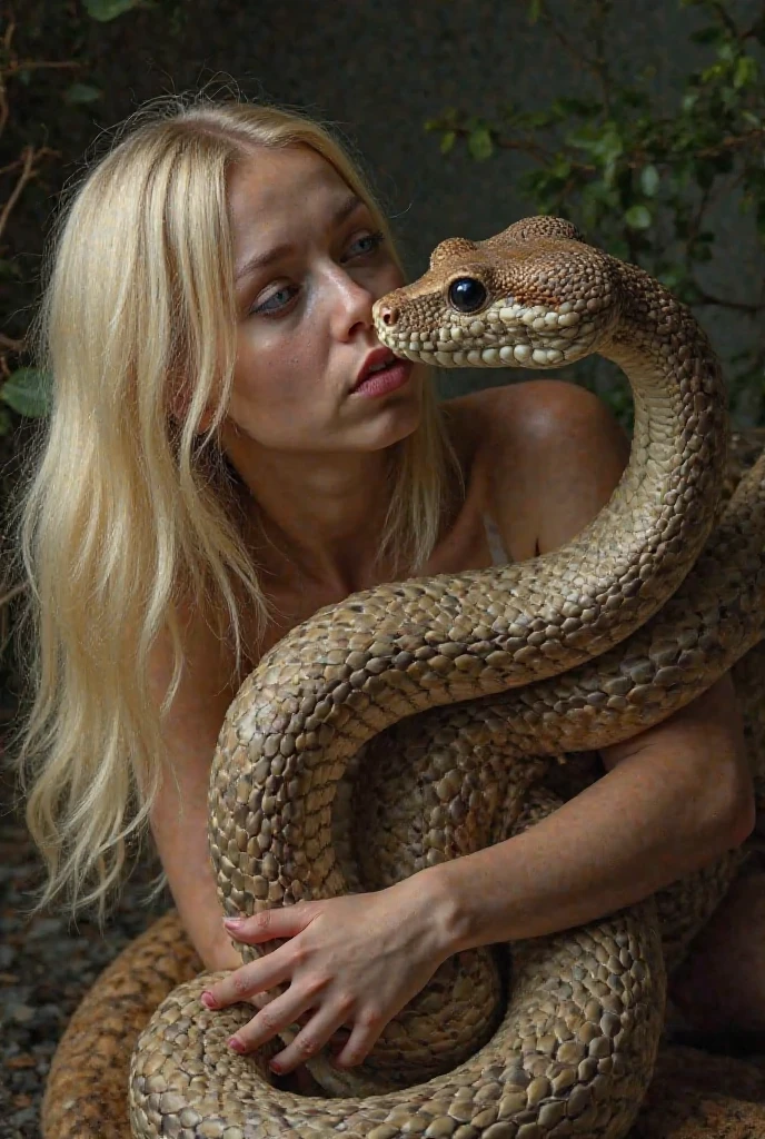 Happy Horny, aroused 1girl), beautiful blonde young girl with giant colossal Kaa monster squeezing her hard, wrapped in thick spiraling coils, constricted, struggle, gasping for air, snake attack, snake peril
