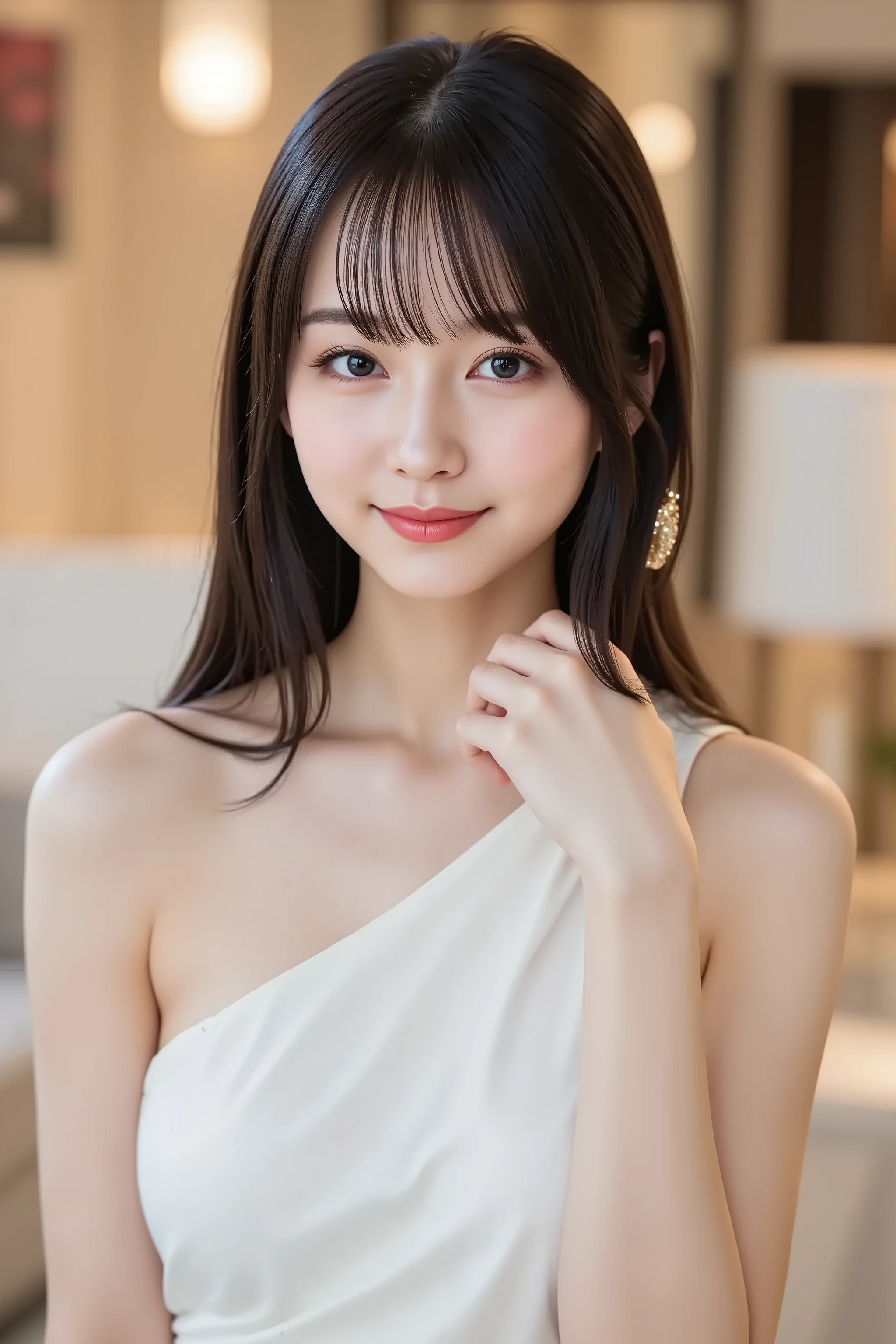 Upper Body、Beauty、Well-formed face、20-year-old、Uniform eyes、Small face、, light brown hair, hair over shoulder, parted bangs, straight hair, expressive hair, shiny hair, earrings, seductive smile, Upper body naked、Small Bust, Surrealism, cinematic lighting, first-person view, pov, f/1.2, Nikon, UHD, textured skin, best quality, highres, 8k