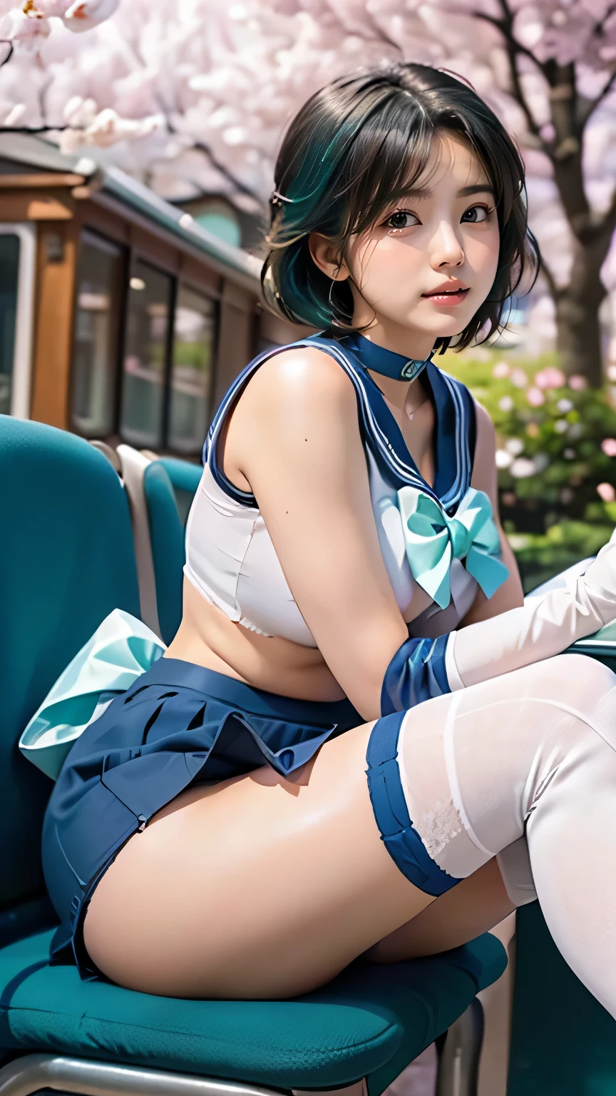 masterpiece, best quality, highres, mer1, tiara, sailor senshi uniform, blue sailor collar, bow, knee boots, choker, white gloves, blue choker, elbow gloves, jewelry, earrings, blue skirt, (underboob:1.3), large breasts, navel, cowboy shot, embarrassed, crotchless thong, crotchless panties, upskirt, from below, cameltoe, erotic, surrounded by machinery and big screens, technological background.