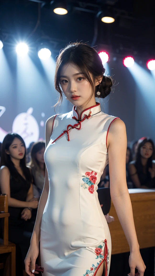 1girl, solo, facing viewer, smile, (((brown hair bun))), Chinese white cheongsam, (Blue and white porcelain style:1.5), (The cheongsam is decorated with blue and white patterns), ancient china art style, posed for photo, (Catwalk walk:1.5), The grand finale of the fashion show, Fashion show evening, focus solo, Masterpiece, Best quality, Amazing details, 8K, standing