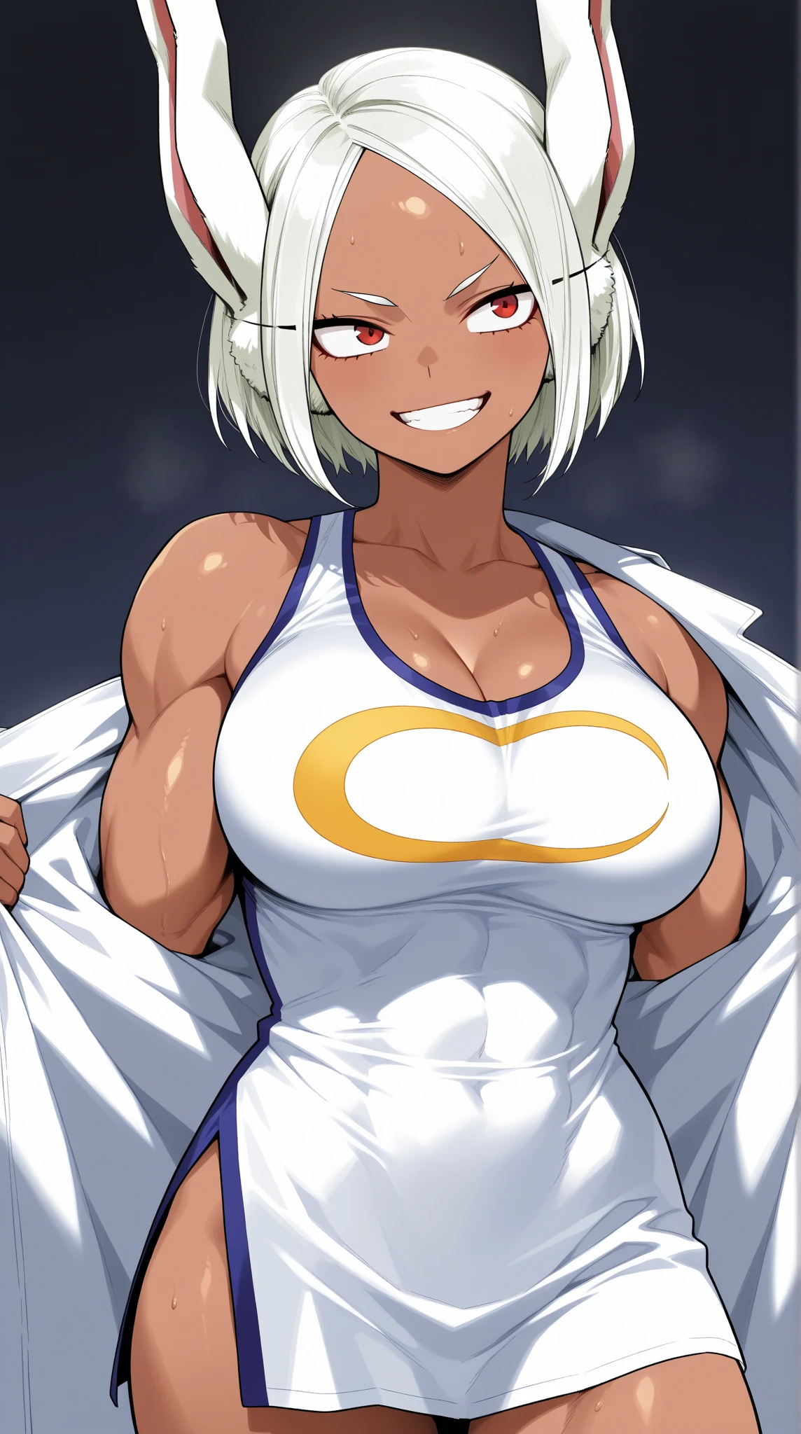 a dark-skinned girl, white shirt, red gym shorts, large breasts, thick thighs, basketball, short white hair, hair covering face, intricate details, high quality, 8k, extremely detailed, cinematic lighting, natural colors, dynamic pose
