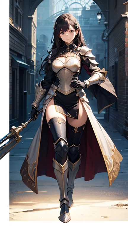 4K,High resolution,One Woman,Grey Hair,Short Hair,Blue eyes,Big Breasts,knight,Black knight armor,Heavy Armor,Full Armor,Black gloves,Black boots,hair band,Jewelry decoration,Long sword,Medieval town
