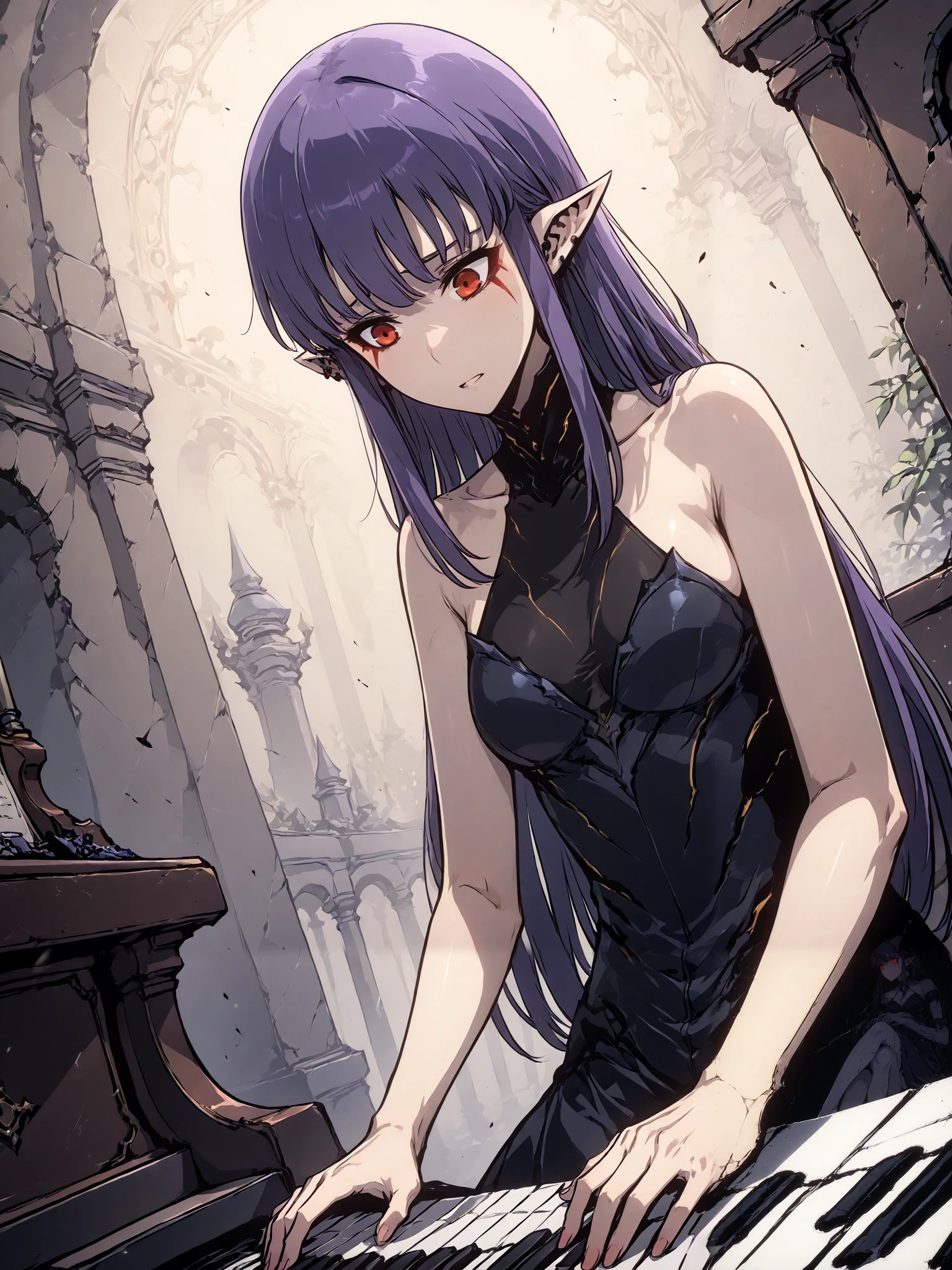 1girl, solo, esil radiru, beautiful, contemplating, in deep thought, lonely, sad, plain black halter dress, exposed shoulders, bare arms, exposed arms, no armor, flawless skin, slender body, medium breasts, crimson eyes, highly detailed eyes, expressive eyes, natural eye shape, iris with visible details, anatomically correct, super detailed, high details, intricate details, accurate, dynamic angle, dynamic poses, highres, absurdres, (masterpiece:1.5), (best quality:1.2), amazing quality, 4k, inside the demon castle, posh background, rich background, elegant background, medieval background, ornate background, playing the piano, sitting down