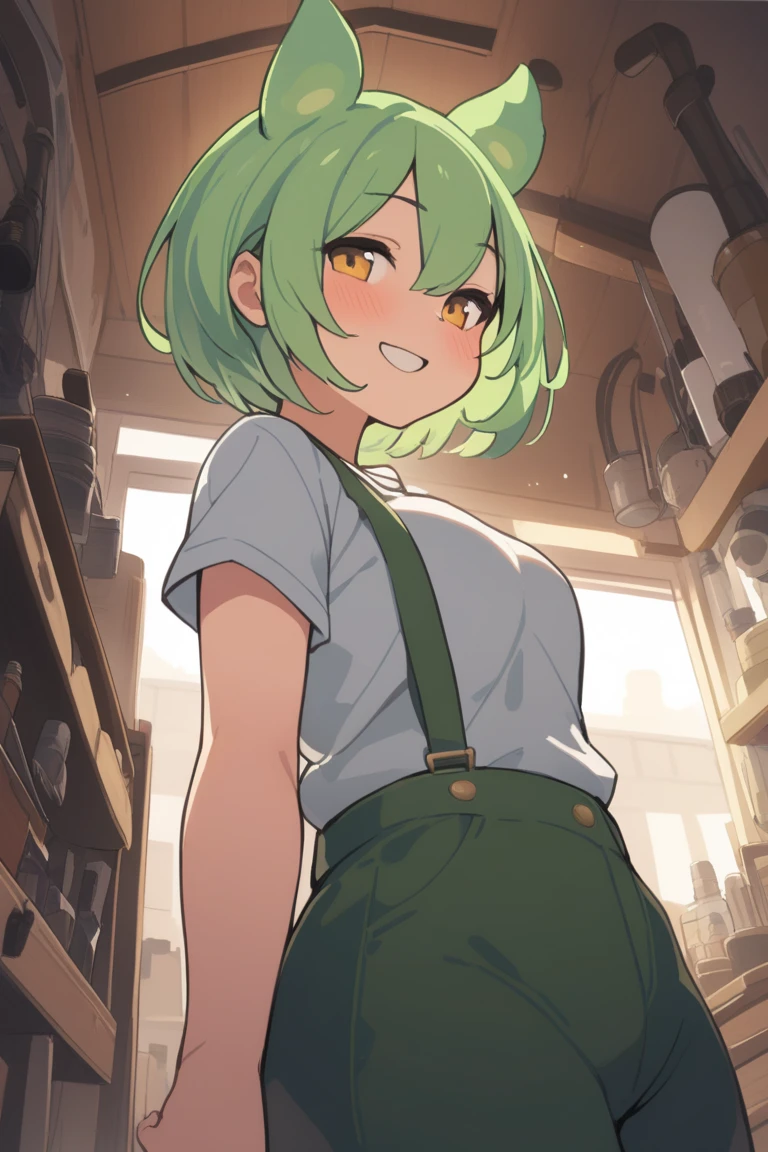 1 girl,green hair, blush sticker, animal ears,white shirt, Short sleeve, short hair, from below,  Panoramic Shots , look to the side, Old-fashioned smile, Tool Shop, in gold,
masterpiece, Best Quality,