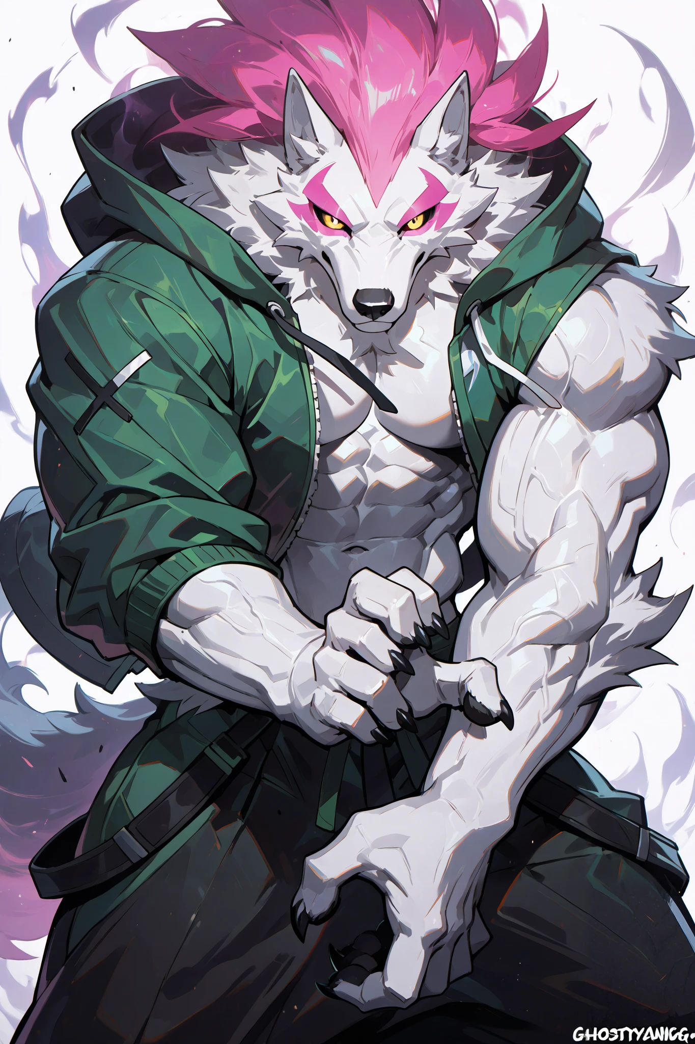 solo, silhouette, shadow of Ghostly Specter, Male, muscular wolf anthro character, wearing a Green Jacket, wallpaper quality, on a loading screen, fighting stance, solo, aura, waist up, (wolf Anthro body, Ghostly Appearance, pink Mohawk Hair, white Skin), Ghostly aura, sinister stare, neon lighting, yellow eyes, pink sclera, glowing yellow eyes, (Athletic muscles:1.5), Green jacket, baggy pants, street pants, masterpiece, straps, pectorals, ((Simple White background)), correct anatomy, correct hands, best quality,