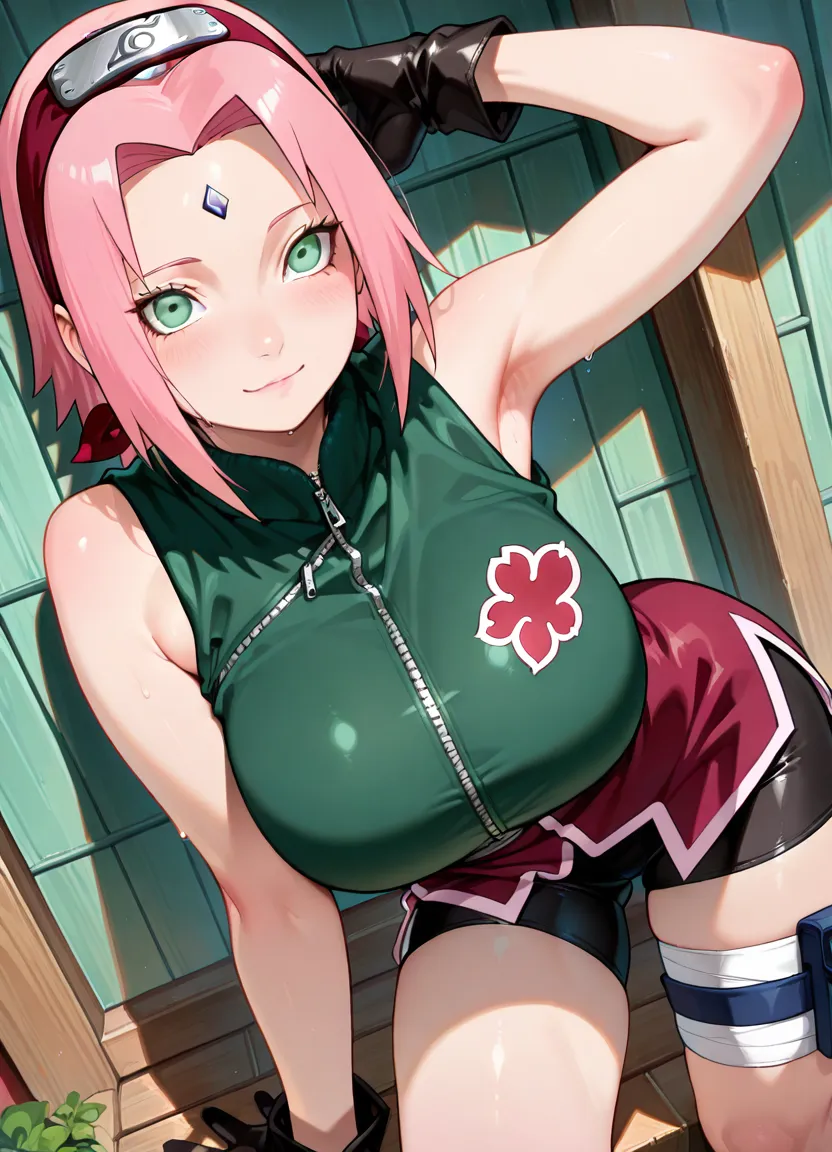 sakura warshippuden, woman, masterpiece, best quality, absurdres, standing , pale skin, smile, sadism, frown, bandaged leg, black pants, green eyes, green vest, long sleeves, bangs, forehead protector, shinobi symbol, forehead mark, looking at viewer, upper body, outdoors, black sky, rain, storm, grey ground, battlefield background, ((shirtlift)), ((large breasts))