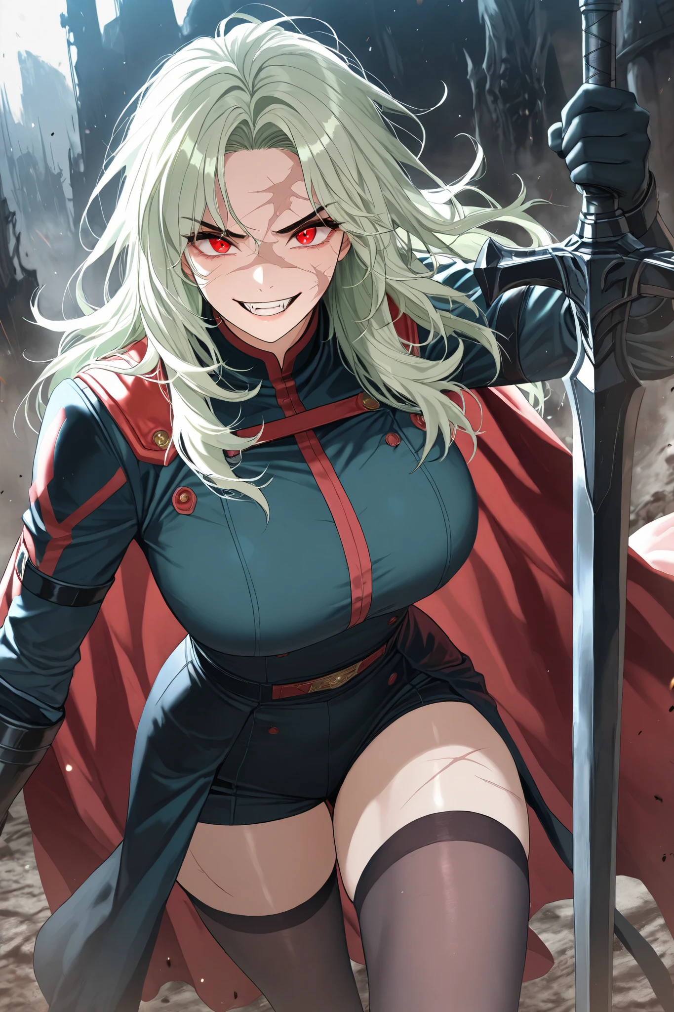 draw me manhwa girl, 1girl, solo, detailed skin texture, detailed eyes, 4k, detailed feature, hd quality, masterpiece, mature girl, pale green hair, fair skin, red eyes, intense glare, scars on face, fangs, grin, long hair, messy hair, middle parted hair, black hunter outfit, stockings, long gloves, battlefield as the background, holding a greatsword, manhwa style