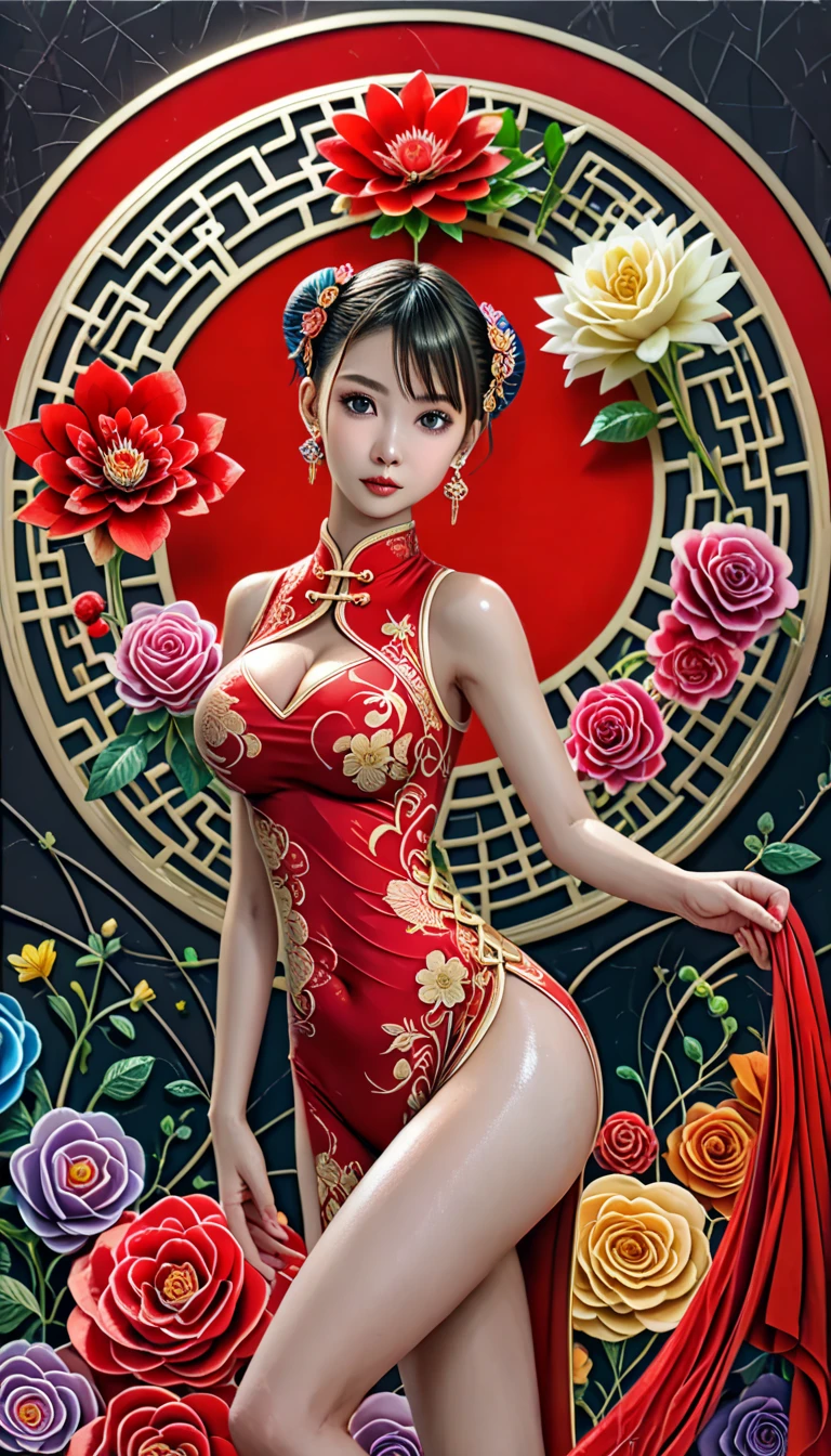 create beautiful Chinese 3D girl wearing attractive hot traditional dress, exposing big chest and big hip and pointing finger to side to explain, smiling face with portrait full body