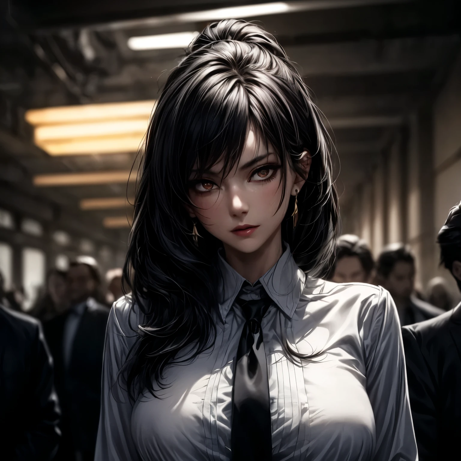 ((best quality)), ((Masterpiece)), ((Enrich the picture,Masterpiece level quality)), black hair, high ponytail, very big breasts, golden eyes, fierce woman, ultra eyes details, mafia boss, best quality, RAW 4K, Realistically, ( cinematic lighting, moody, textile shading), perfect proportions, ultra detailed, volumetric lighting, soft lighting, glossy skin, beautiful face, Special face details, strong emotions, elegant gesture, Detailed facial features, Long eyelashes, contrast, Incredible atmosphere, Fascinating setting, Haunting beauty , sexy white shirt , mafia black suit , necktie , mini black skirt , office,
