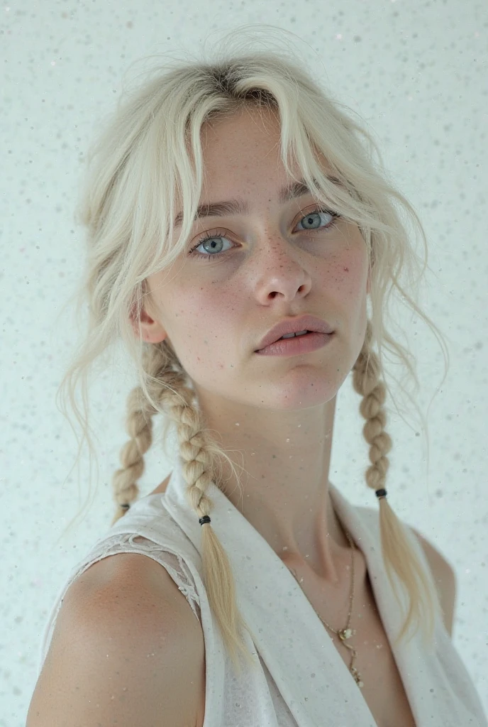 Photograph of a woman, (ambivalent facial expression), face looking at camera, full face, portrait, faces are visible more, and the eyes look straight, textured leather, goosebumps, ash blonde mermaid with braid, Perfect eyes, (ektachrome), Velvia 100 color, shot with Leica T, hips, sharp focus on the subject, shot by Peter Lindbergh, bright, fair