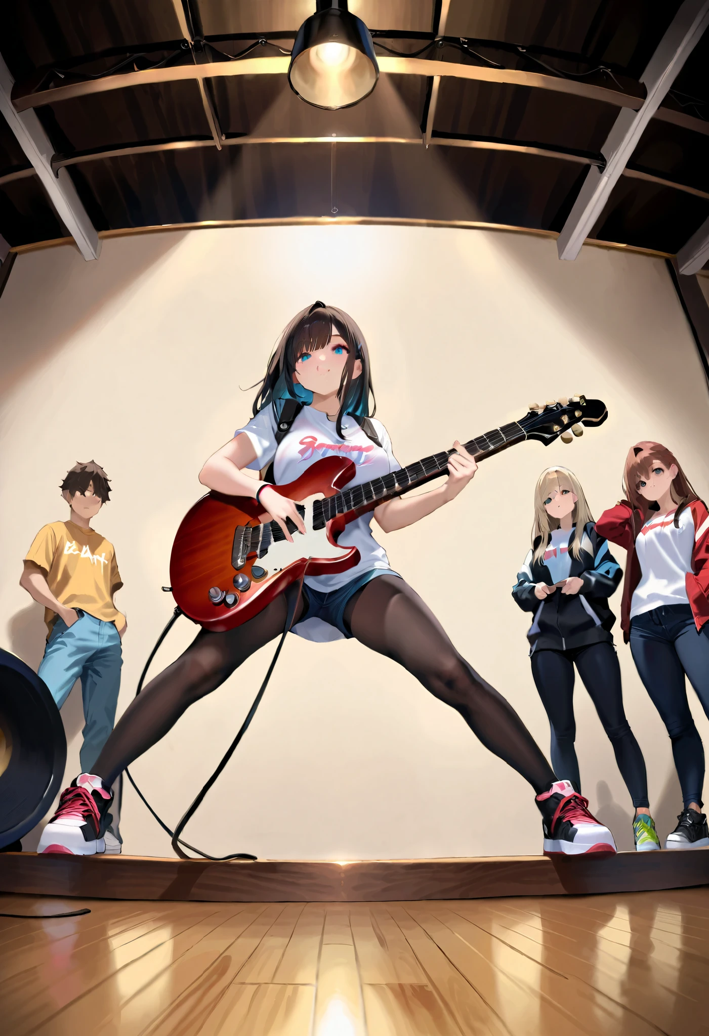 (masterpiece:1.3), (8K, Realistic, RAW Photos, Best image quality: 1.4), Realistic, CG illustration, Like raw photo, guitarist, Girl in a girl band, Big Breasts, A high-end electric guitar like the product image, Detailed and precise hand, Charm, anatomically correct whole body, Worldwide rock festival, cool & beauty, ((Playing the guitar in the midsummer sunshine)), Accurate and fast action, Full of energy, Shake your head back and forth, Adult charm, loooking at viewer, Engage your audience, Live a colorful life, Guitar performance captivates the audience, Accurate and fast finger movements, BREAK (An outdoor stage at night where the subject stands out), Dramatic studio lighting that draws your subject in, Dynamic shot from below, Dynamic composition, Sharp focus, Sharpness, Detailed and clear depiction, Detailed and intricate brushwork, Very clear, Absurd aesthetics, Surrealism, Luxury Art, (Very clearな full color), Realistic photos, Raw photo, Absurd aesthetics,