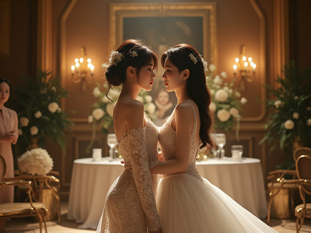 (masterpiece, highest quality, official art, beauty and aesthetic), two stunning bride is deeply in love with each other, kiss