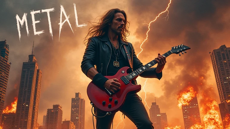 A powerful heavy metal guitarist stands in the midst of a fiery apocalyptic cityscape, playing an electric guitar with intensity. His long, wild hair flows as he wears a black leather jacket and dark clothing, embodying the rebellious spirit of rock. A red electric guitar hangs from his shoulder, and his fingers grip the strings with passion. Behind him, skyscrapers crumble, engulfed in flames and smoke, with embers flying through the air. The sky is dark and stormy, illuminated by bolts of lightning. Above, the word 'METAL' appears in bold, distressed lettering, adding to the dramatic and intense atmosphere. The scene exudes energy, chaos, and the raw power of music