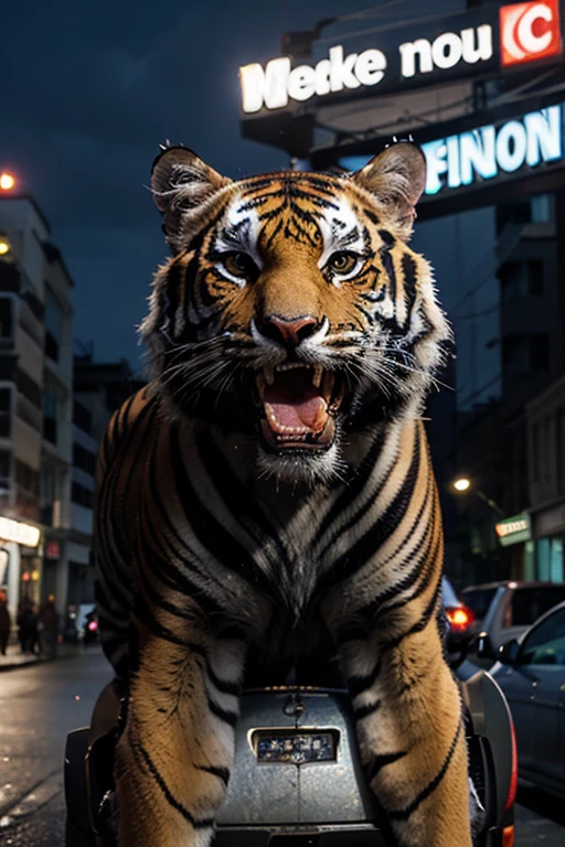 A huge pussy with teeth and claws walking around the city