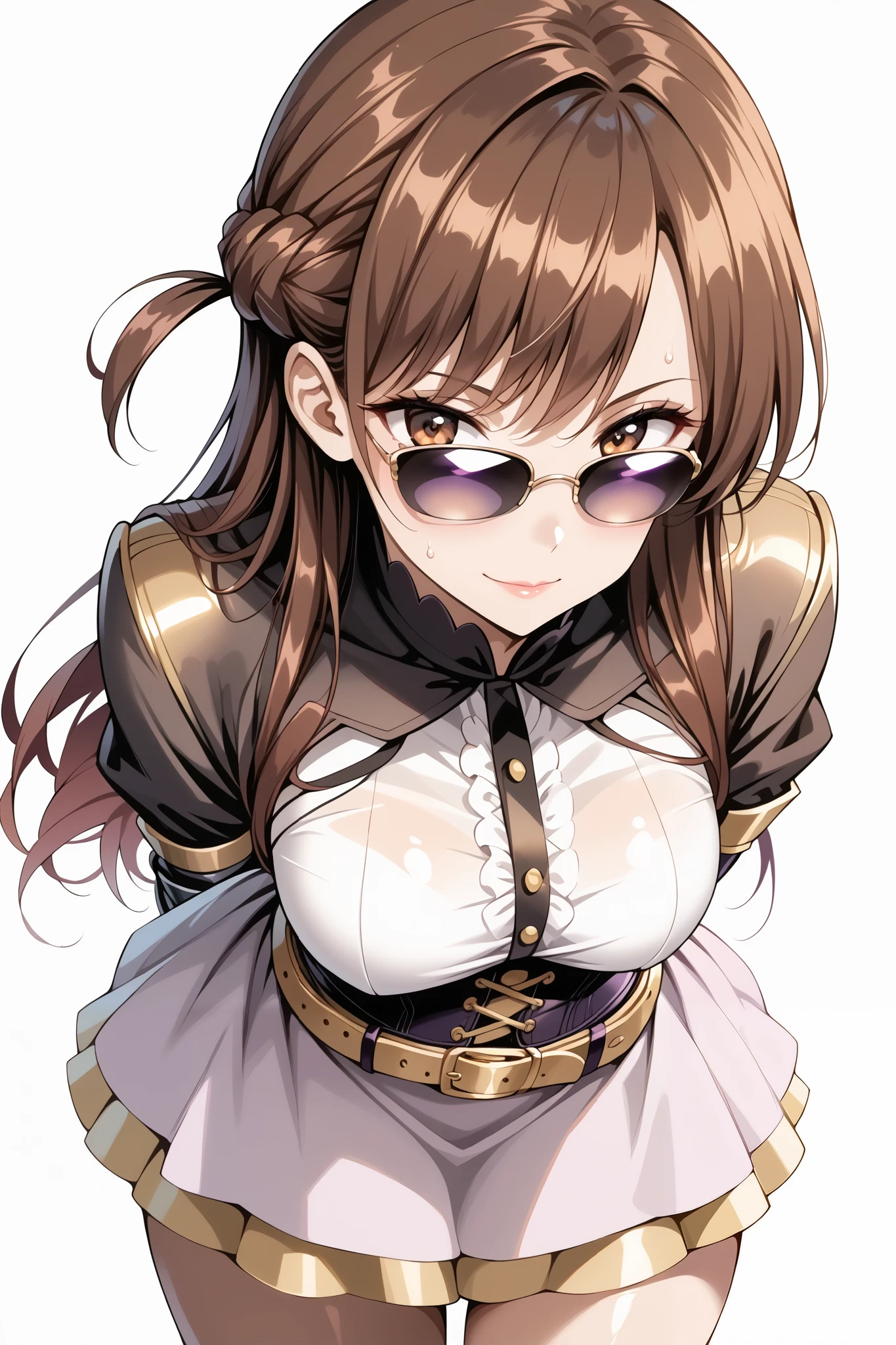score_9, score_8_up, score_7_up, source_anime, 4K,perfect fingers,(perfect hands, perfect anatomy),prefect lighting, very aesthetic, intricate details,highly detailed background, masterpiece, high quality, best quality,
1girl,solo,chizuruichinose, chizuru ichinose, long hair, bangs, brown hair, brown eyes, one side up, ,large breast,
wearing ((dark purple, black, and gold costume. black Corset, outfit includes several layers of fabric in various shades of purple and black, gold belt, skirt section is layered and patterned, giving a sense of depth and volume, gauntlets, )),
((white plain background)),looking at viewers, sweating, Standing,evil smirk, cowboy shot, filed, Arms Behind Back, high thigh individual , ((bottom view:1.5)), ((leaning forward:1.5)),