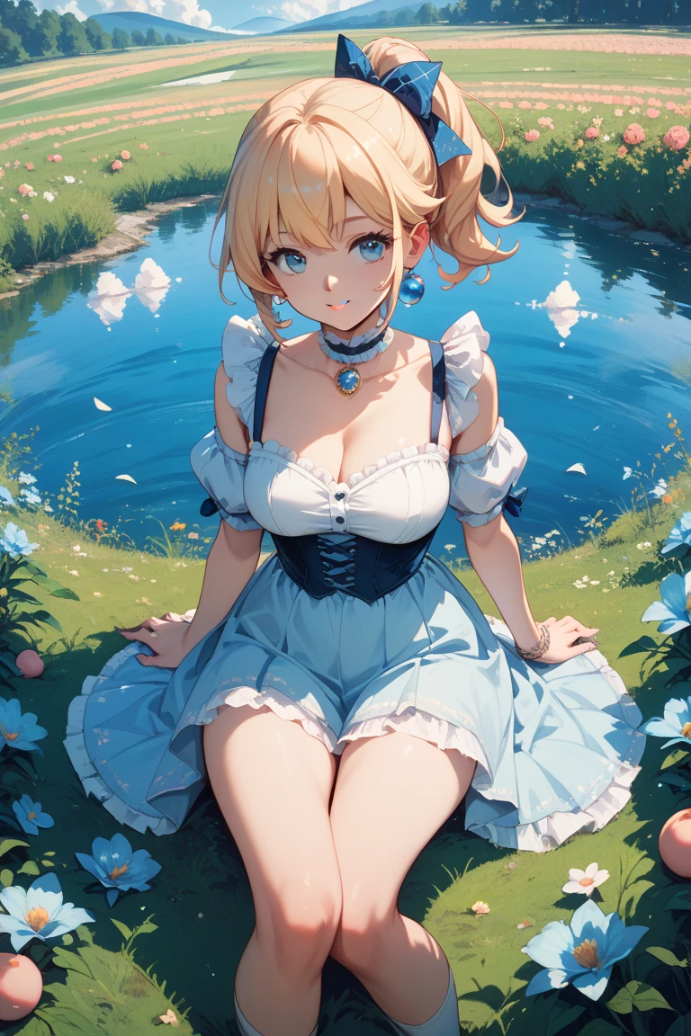(masterpiece), (best quality), (extremely detailed), alice liddell, big messy blonde hair, blue dress, white apron, black hairband, white long socks, cleavage, cute pose, in a flower garden, (pond), (blue sky), (sunny day), 3d. Illustration, Good Highlights, Perfect Proportions, dynamic, Professional, Award winning, (high detailed skin), (high detailed face), HDR, ultra highres, absurdres, perfect body shape, cute smiling, realistic figure, sexy posing, perfect breast,