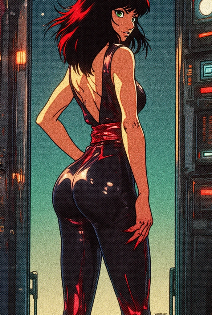 retro scifi art,vintage,magazine cover,fashion,1pinup girl back with very white sexy lingerie clothes,ass,bottom-up view,vintage kitchen