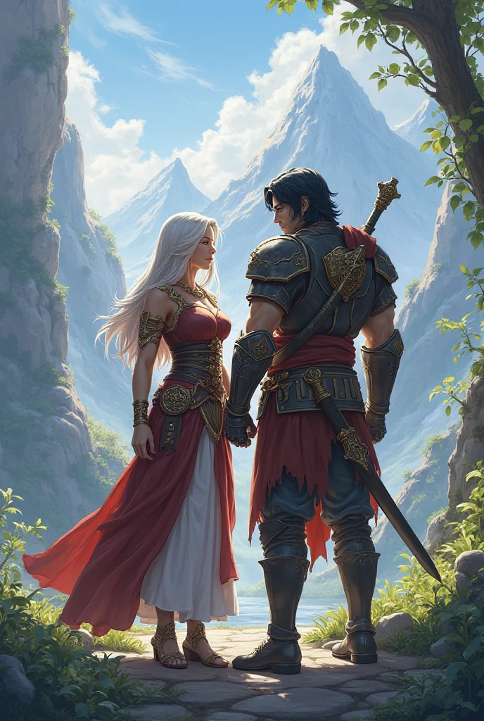 A vivid depiction of a romantic scene under the glistening stars and luminous moonlight. A brave Middle-Eastern samurai in his forties is seen clad in ornate armor, and clinched in an embrace with an entrancing female high elf archer of Hispanic descent. His strong arm tightly wrapped around her, eyes interlocked with serious passion and deep love. The setting is a serene woodland by a rejuvenating spring and a crystalline small lake. The backdrop details lofty mountains far away, touched by the soft glow of the stars above. Exquisite elements of fantasy and romance are merged to paint this scene of profound affection.