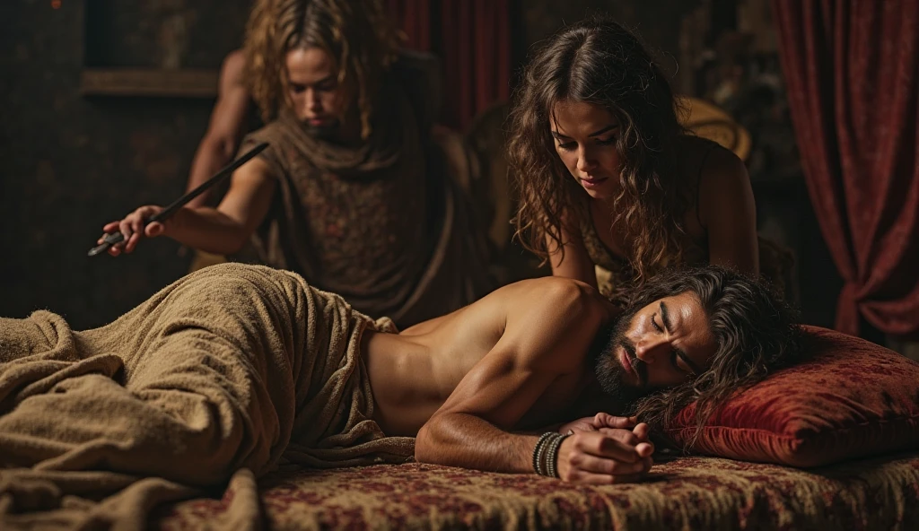 a sleeping ancient man with long hair, an ancient woman cutting his hair while he sleeps, detailed face and body, high quality, cinematic lighting, dramatic colors, fantasy art style
