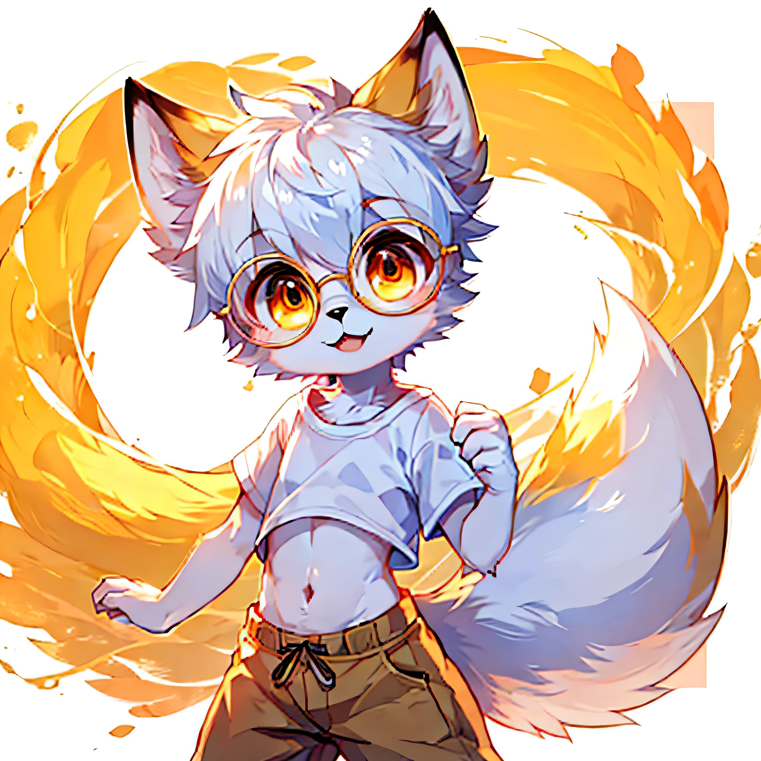 Anthropomorphic arctic fox, furry Chibi, White hair, round glasses are golden, shiny golden eyes, fox boy Young,, anime cutie