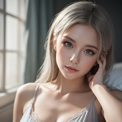 absurdres, RAW photo, highest quality, (masterpiece: 1.3), high detail RAW color photo, professional photo, extremely detailed CG 8k wallpaper unit, photo-realistic, realistic, RAW photo, masterpiece, best quality, highres,
1girl, 19 YEARS old, white, blonde hair, wavy, Average length, unkempt hair, stuck, beautiful body, perfect gorgeous face, beautiful light brown realistic eyes, fair skin, detailed skin texture, very small natural breasts. Serious. Guy who just woke up. Lying on a couch with a blanket. Selfie angle. (Sleepwear, simple design). An ordinary house, small, dark.