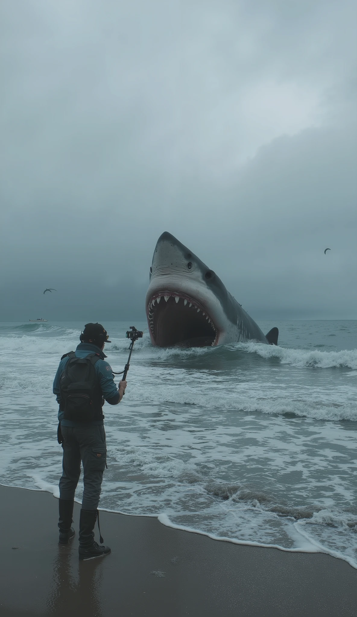 On a cloudy day, giant megalodon sharks open their mouths on the shore, and the shark's head ratio fills 90 on the left side of the screen%Space shark head facing 20° to the left, standing on the right, and a photographer with his back to the camera to photograph the shark shark texture environment is realistic 8K