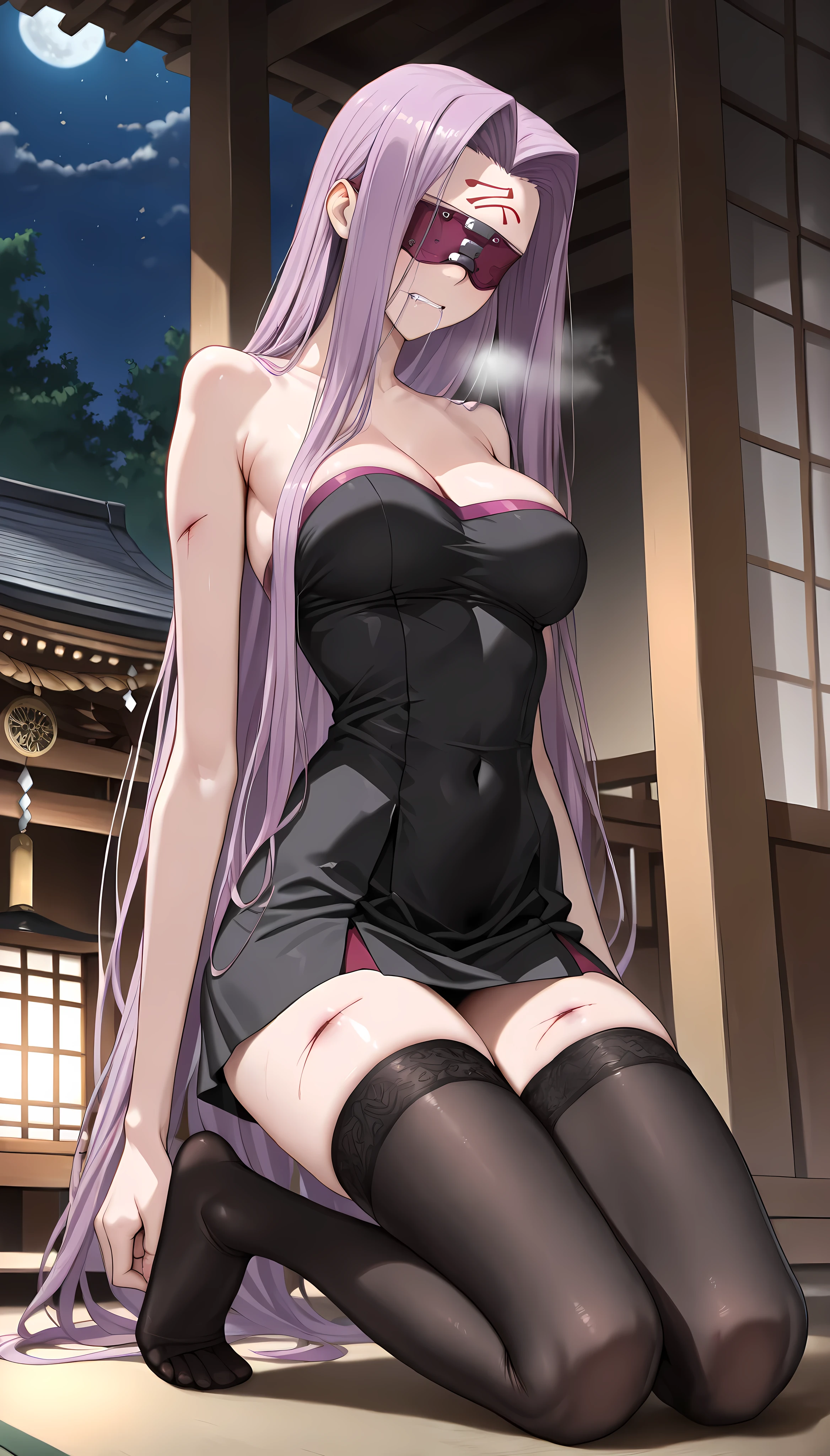 Shion (( best quality)), (( master part)), (circunstanciado), 1girl, franja,bikini, retention, cabelos longos, outdors, cabelo roxo, olho rosa escuro, Chifre singple, , sozinho, cabelos muito longos, no emotion, Roupas chinesas Cheongsam transparente, (( programa )), calcinha crotchless