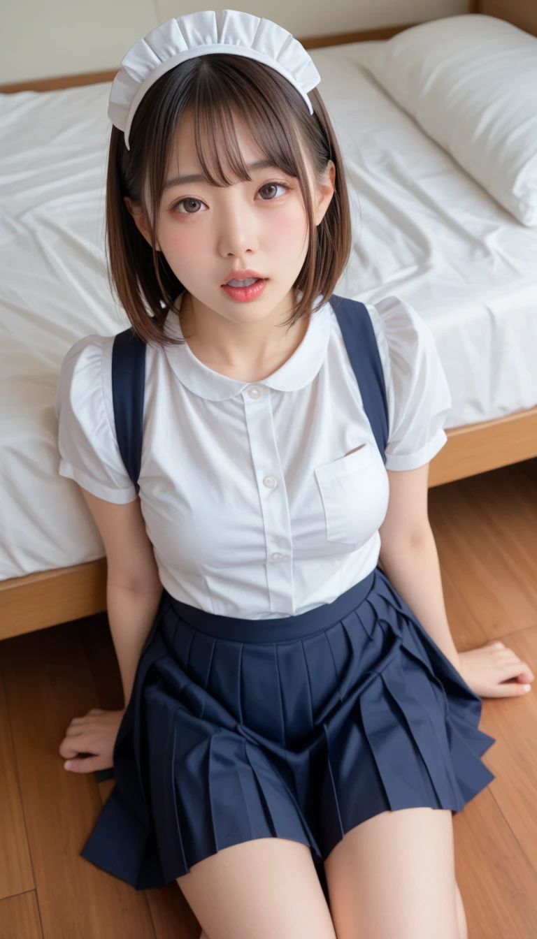 wearing short skirt、Alafid asian woman wearing bow tie sitting on train, cute schoolgirl, japanese schoolgirl, wearing japanese school uniform, japanese school uniform, a hyperactual schoolgirl, Dress up as a schoolgirl, hyperactual , Wearing school uniform, actual , girl wearing, Wearing school uniform, A gesture, whole body, good skin, glowing skin, beautiful thighs,glowing thighs, Glowing legs, (())