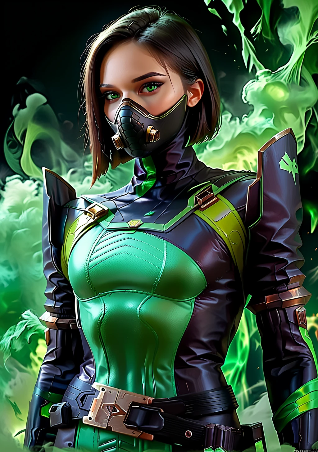 a woman in a green and black leather outfit with a gas mask, short black hair, light green eyes, green smoke in background