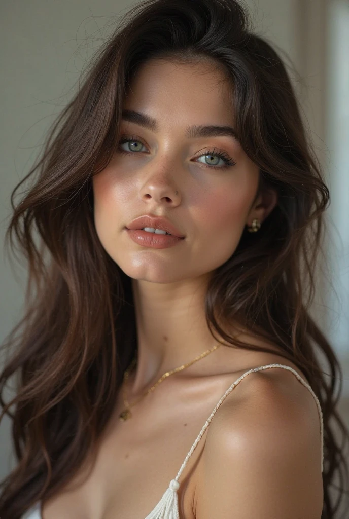 femme de 29 ans, long brown slightly curly hair, yeux bleus, more realistic and natural face , professional makeup like model, C et portant un haut noir sexy