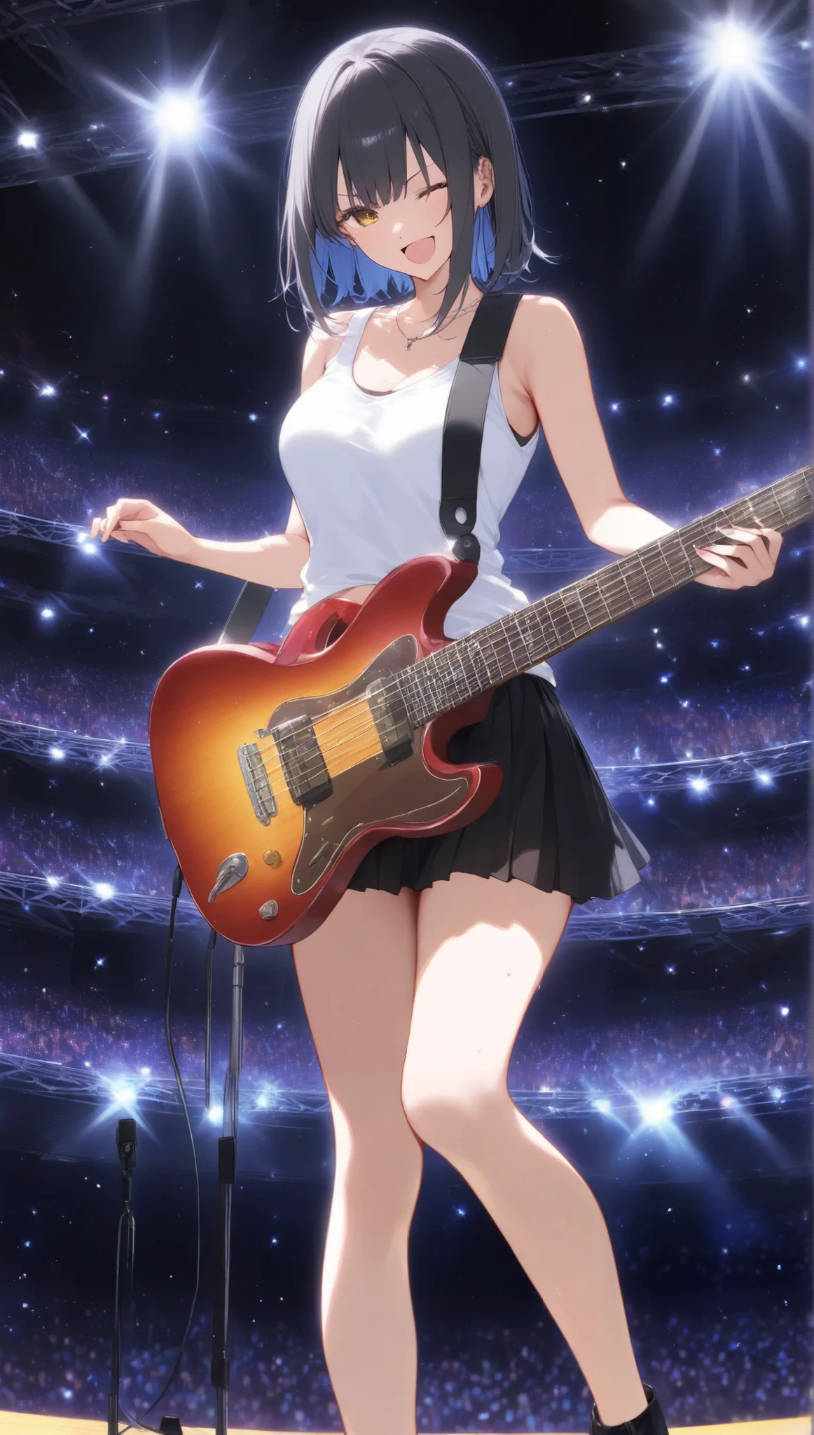 a young woman playing schecter guitar on stage in a large arena full of energetic crowd wearing black short skirt and white tank top