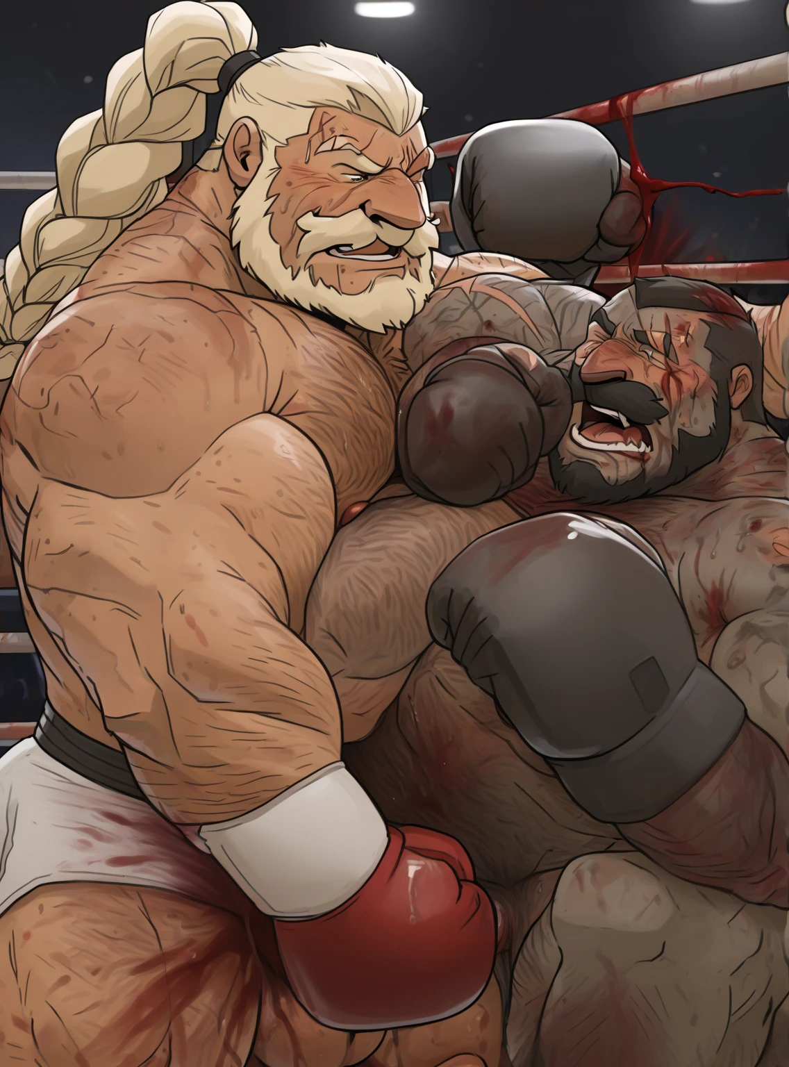 Super muscular boar beastman,(Wear a uniform:1.2),Blindfold,Painful expression,Mouth open and tongue out,Getting cumshot in the face by some guys,(Surrounded by huge, red and black erect penises),(A large amount of semen all over the face:1.3),Pro wrestling,On all fours,(Anal Sex)