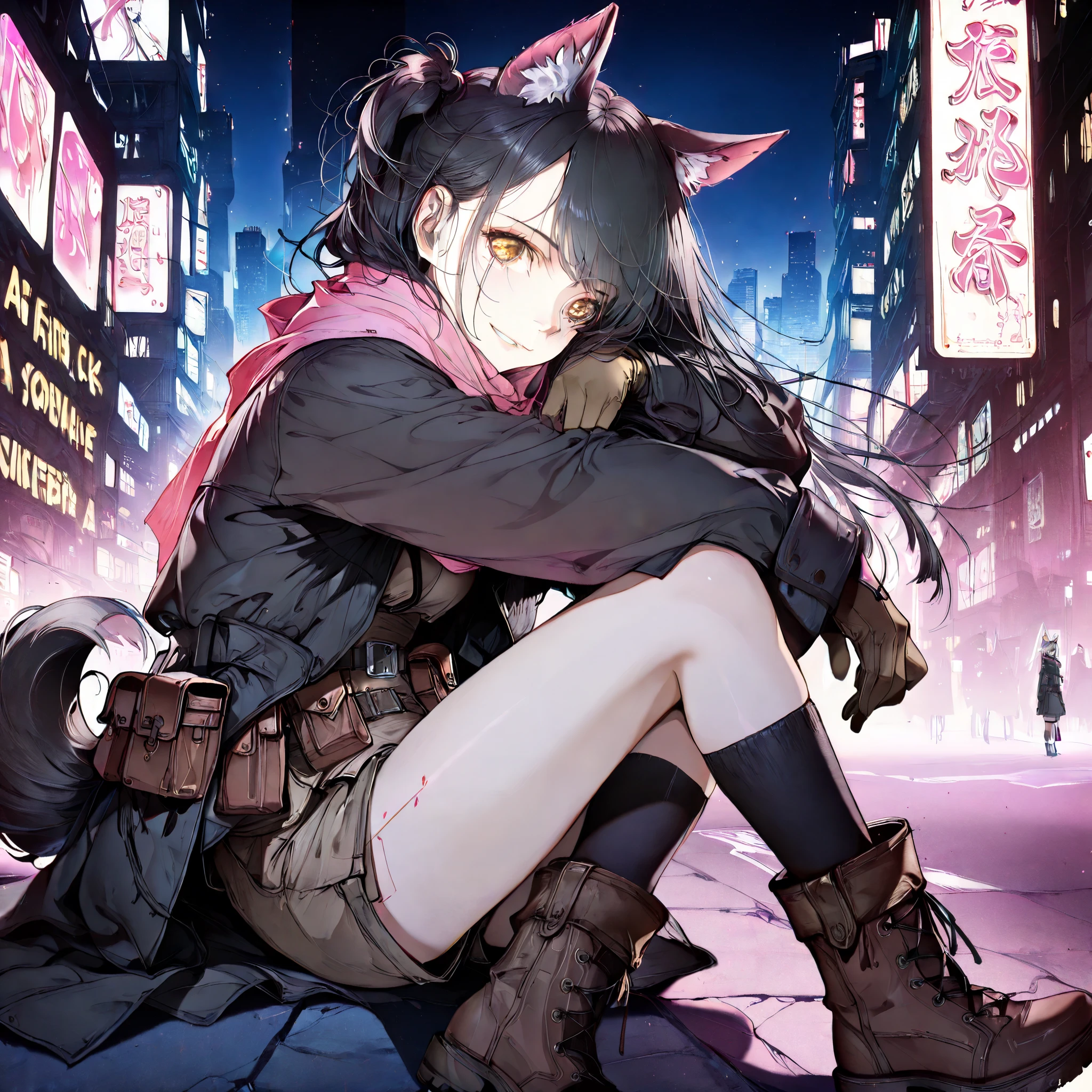 female, (a girl), ninja, smiling, looking at viewer, side tail, black hair, golden eyes, medium skin, fair skin, black coat, shorts, knee socks, gloves, boots, belt, brown waist pouch, pink scarf, with fox ears, outside, in the city, at night, cyberpunk, solo, delicate facial features, cute face,