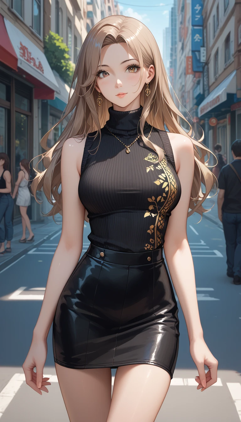 (Highest quality:1.24, Very detailed, Anime Style, Attention to detail, masterpiece:1.2, Highest quality, Best aesthetics), (((1 girl))), JK, Fashion Model, ((Chocolate brown one-piece dress:1.2, Elegant Dresses)), Open your mouth:1.2, (Blonde, Straight Hair, Cowboy Shot, Front view, Random Pause, Friendly atmosphere, Shiny Hair, Beautiful Skin, Detailed face and eyes, Glossy Lips, Slender body, fashion show, Walking the runway, Spotlight, Light and shadow with attention to detail, Background Blur.