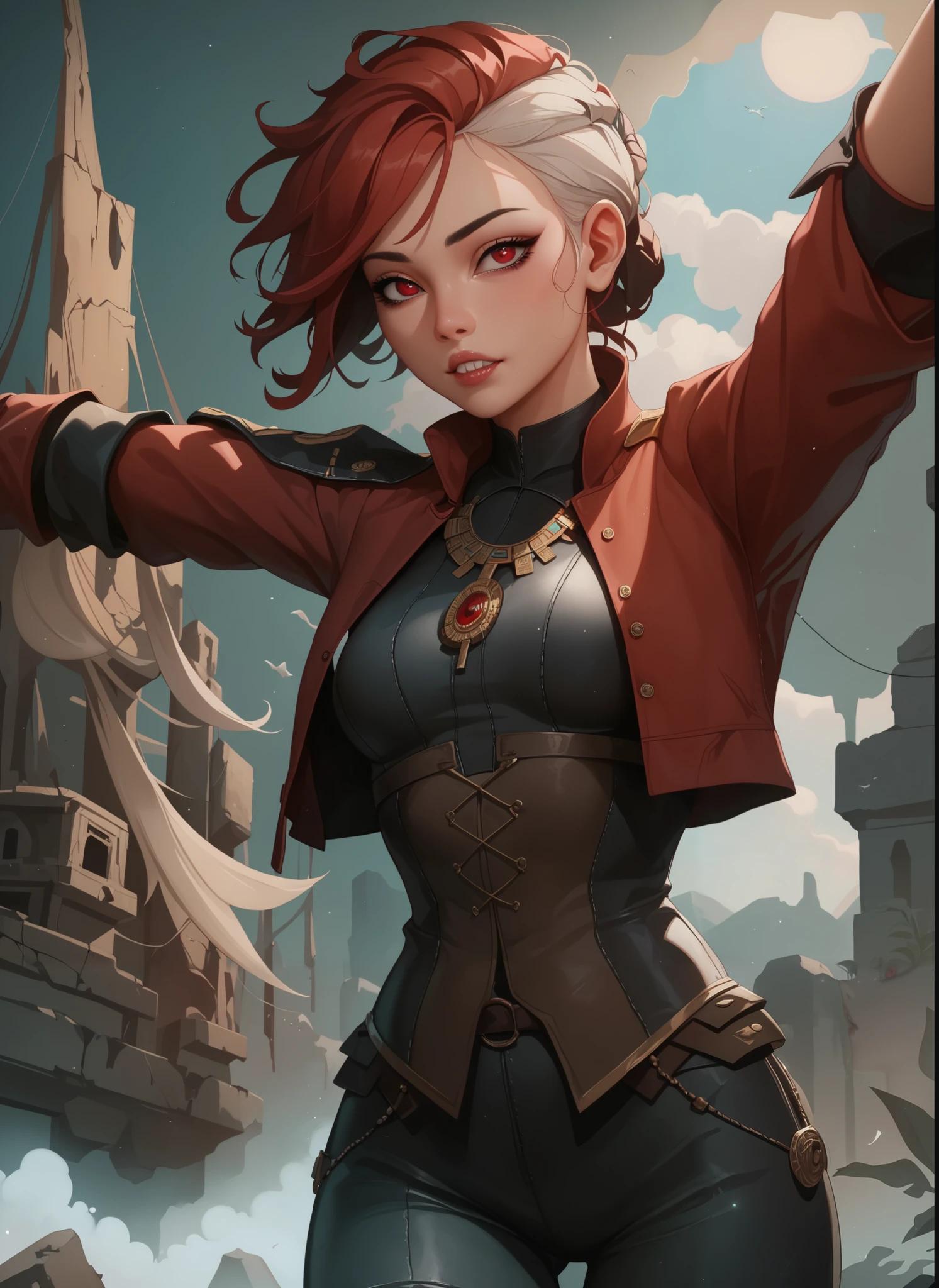 masterpiece, HD , great quality, very aesthetic, absurd, high contrast , high color palette , light glare ,Latest ,2.5D,volumetric lighting, Sweet, jung, 1 girl, round face, slanted eyes, asian girl, Asian eyes, slim lips, small breasts, red eyes,athletic body, light-skinned, fair-skinned, aztekisch, white hair strands, looks at the observer, Dreadlocks, shy, Anime shark teeth, background: jungle and Aztec ruins, look like a young Jennifer Lawrence