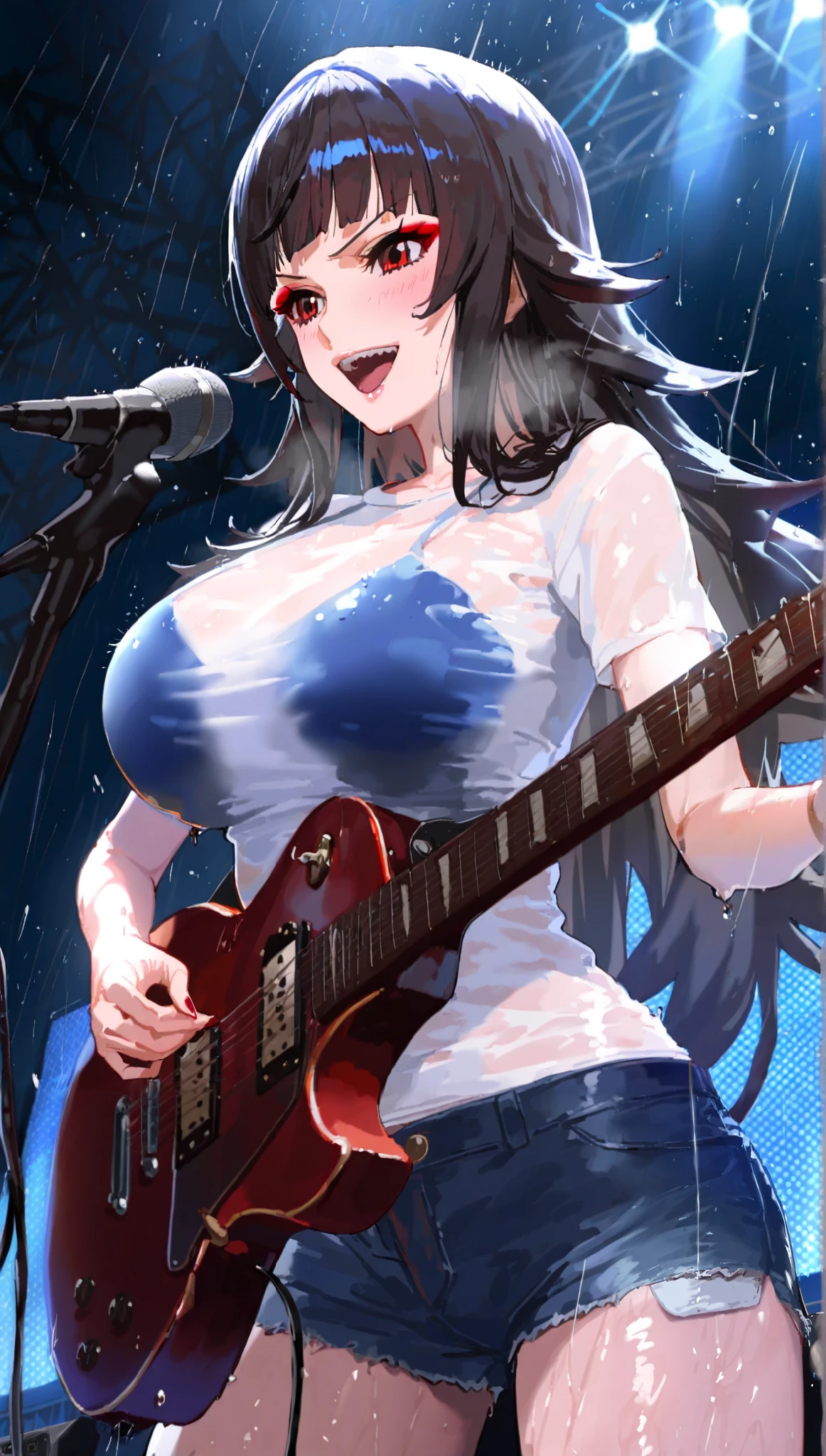 illustration , best quality , dramatic lighting , masterpiece , best quality , ultra-detailed , photorealistic depiction of rock concert . The character sings and playing guitar , on concert stage , her pose is dramatic and expressive , with a big smile and confident red eyes . a good looking and alluring woman with long flowy black hair, layered hair styled with revealing her forehead in parted bangs,eyeshadow, perfect body, big breast, as she wears a wet t-shirts and shorts, singing to her audience . she sings while the rain is pouring, wetting her clothes and skin making the scene dramatic, (cowboy shot), (super sharp focus)