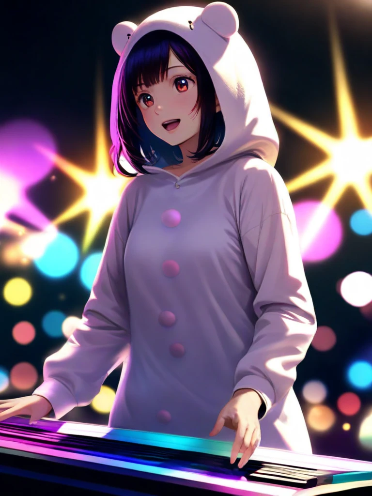 a woman in marshmallow costume playing keyboard on stage, hyperrealistic, detailed facial features, expressive pose, playing keyboard with passion, colorful concert stage with lighting, volumetric fog, dramatic lighting,professional photography,8K,HDR,physically-based rendering,vivid colors,bokeh