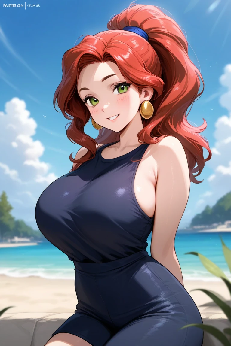 Woman, full, pursed lips, freckles, long curly red hair with bangs, crystal blue eyes with smoky eyeshadow and black eyeliner, semi-matte black lipstick, pale to sun-kissed skin, smug and seductive smile, teal summer dress, big futanari genital bulge