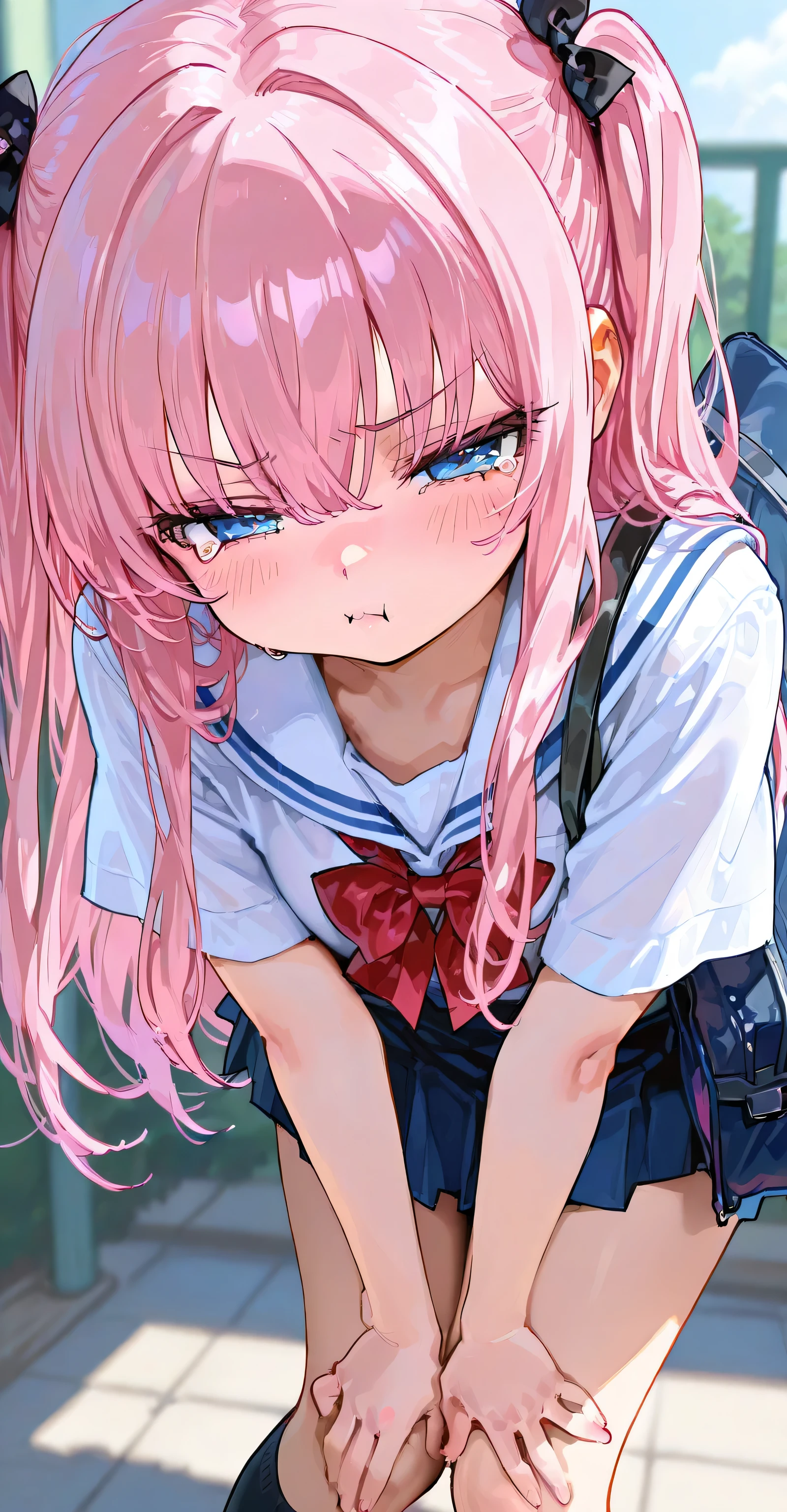 一个粉色头发的女生shy的表情，Wearing uniform，（shy的表情：3），shy，(Shy:2)，（blush：1.5），Tears in the eyes，delicate and charming，