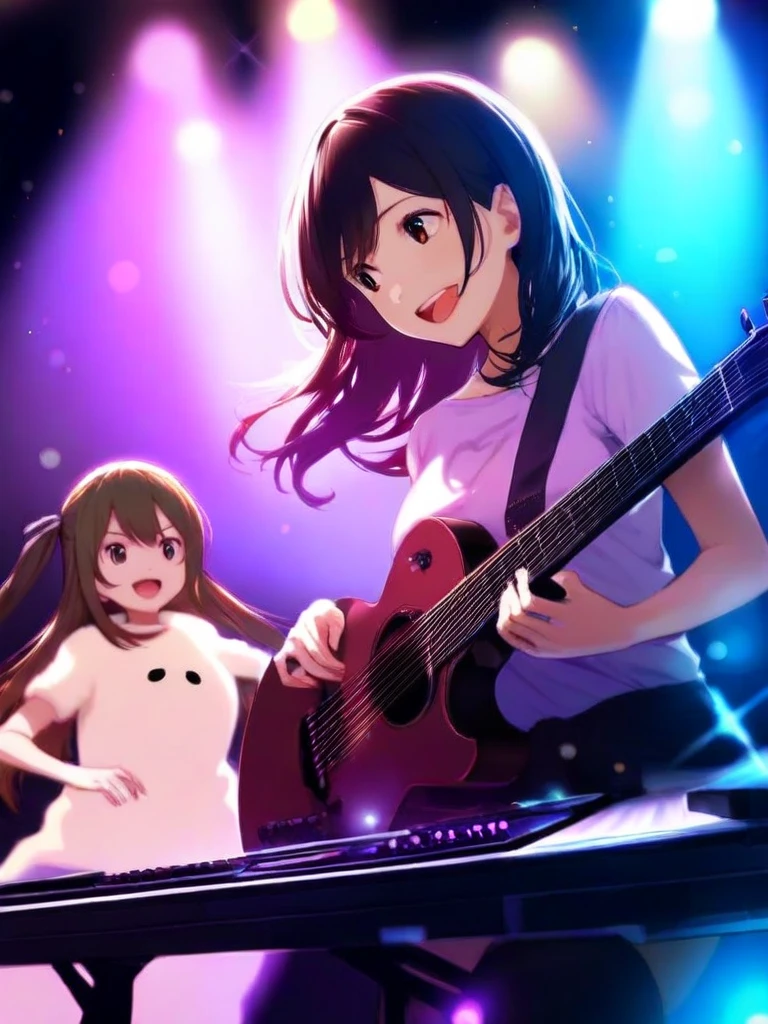 a woman in marshmallow costume playing keyboard on stage, hyperrealistic, detailed facial features, expressive pose, playing keyboard with passion, colorful concert stage with lighting, volumetric fog, dramatic lighting,professional photography,8K,HDR,physically-based rendering,vivid colors,bokeh