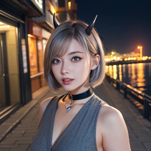 masterpiece, best quality, 1girl,,small breasts,short hair,white hair,sharp teeth,fangs,choker,blue eyes,heart shaped pupils,demon horns,blush,(outdoor,pavement,traffic light,road sign),looking at viewer