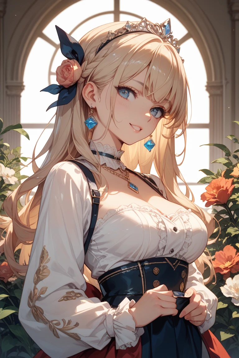 man, masculine, attractive, muscular, ((1man)), masterpiece, absurdres, best quality ,intricate details , (shiny skin, shiny body, shiny oily luster skin, shiny hair, pale skintone), old castle, Sundown, attractive, ((muscular)), adult, one, tattoo ,white blouse, earrings, brown pants, Don't look at the view , Not looking at the view, blonde very long hair, perfect detailed face, perfect detailed hands