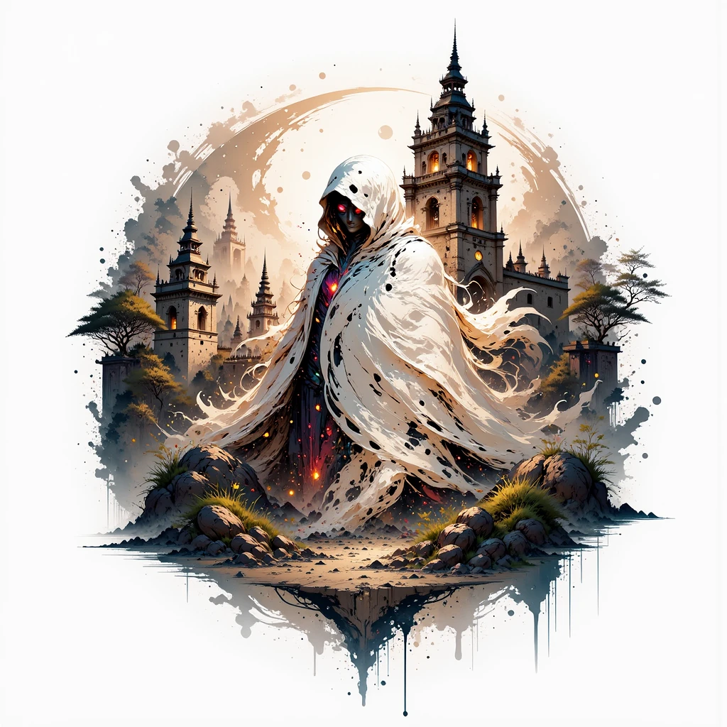 MysticSplash. Ink-splash-style. Alamo Ghost with ghostly-white ghostly-blue light-brown and glowing red-orange color palette